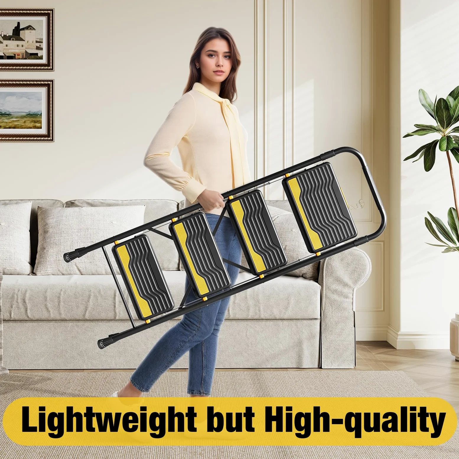 Urackify Scala a 4 gradini, resistente capacità di 150 kg, ampi gradini antiscivolo e corrimano sicuro, compatto, pieghevole, design portatile per casa, cucina, ufficio, dispensa, armadio, nero
