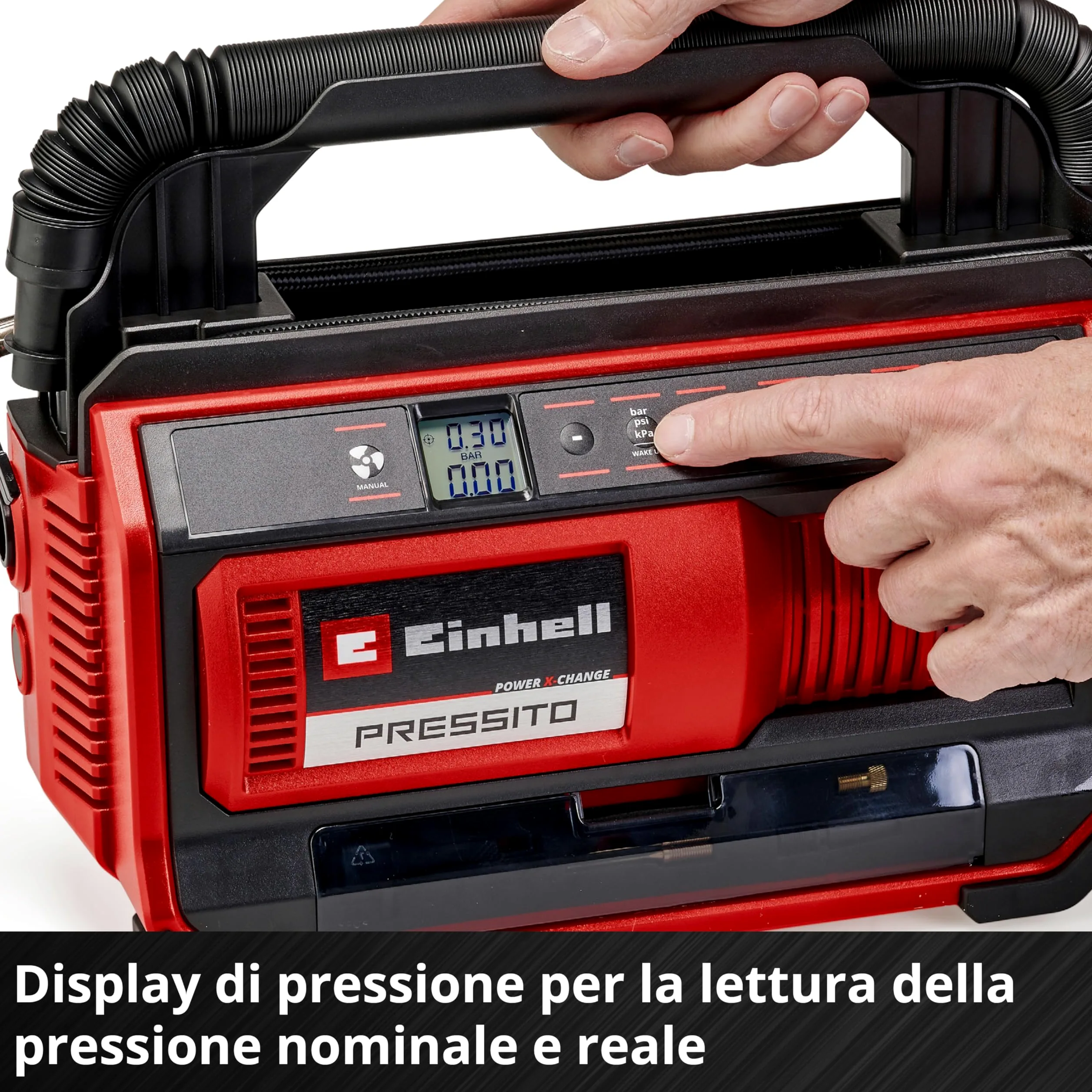 Einhell Compressore a batteria PRESSITO 18/25 Power X-Change(18 V, max. 11 bar, incl. kit 3 adattatori, incl. tubo flessibile alta press. 71 cm e tubo flessibile bassa press. 1,6 m, senza batteria)