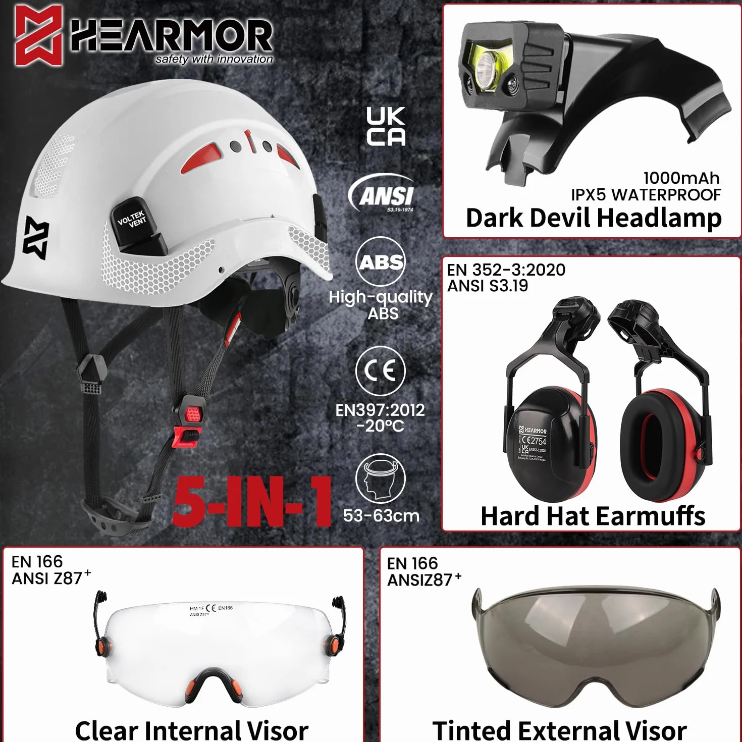 HEARMOR Voltek Casco di protezione industriale certificato CE EN397 con lampada a LED + visiera e protezione dell'udito | per lavori forestali, lavori di costruzione e arrampicata | Casco da lavoro di