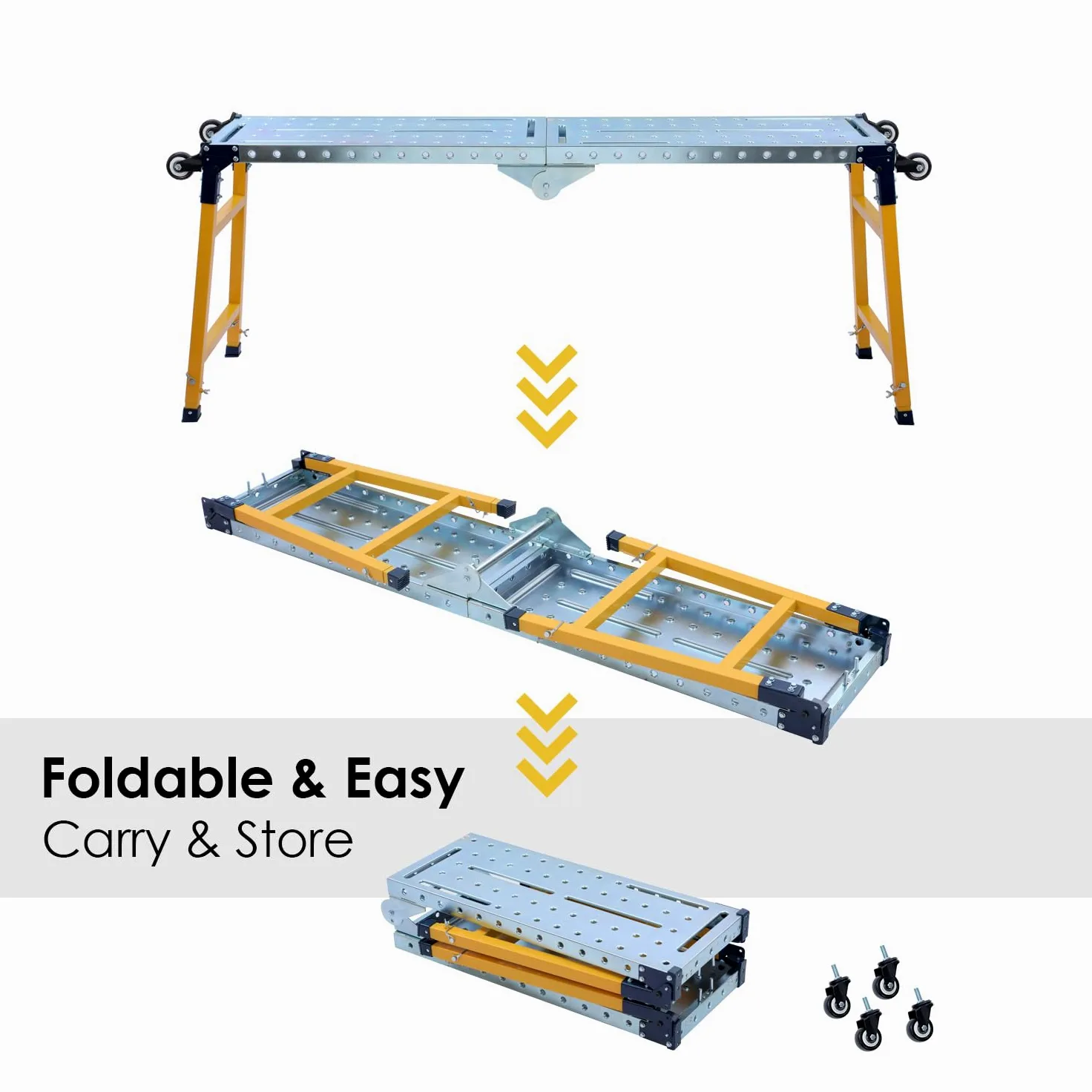 TOPWAY Piattaforma di Lavoro Pieghevole e Regolabile, Capacità di Carico di 500 kg, con 4 Ruote, Ponteggio Pieghevole per Banco di Lavoro per Lavori in Interni ed Esterni, 180 x 36 x 120,5 cm