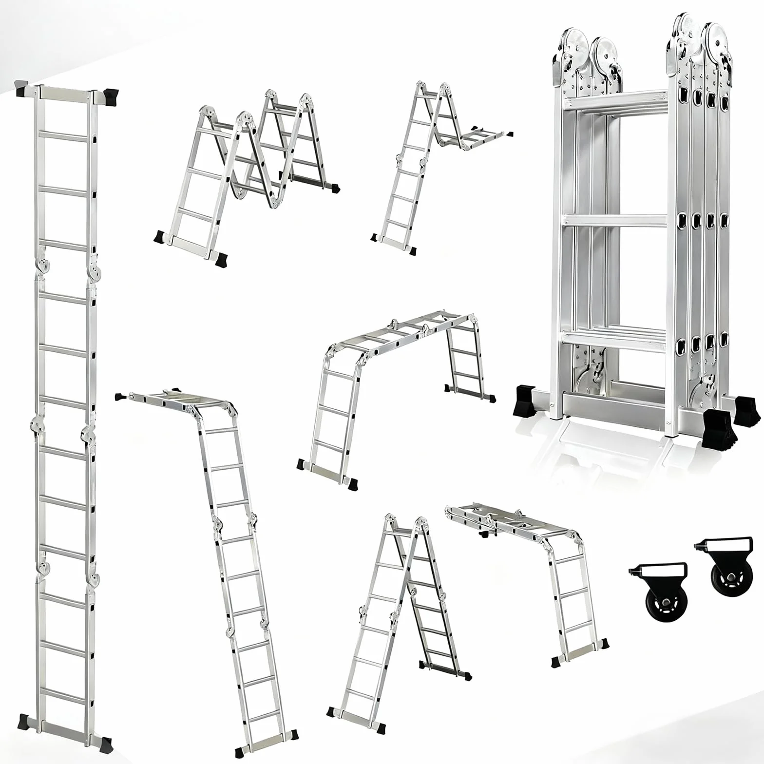 OUTIGO Scala multiuso 4x3, scala pieghevole in alluminio 7 in 1 con 2 ruote, scala multiuso per uso domestico a 12 gradini, portata massima 150 kg,