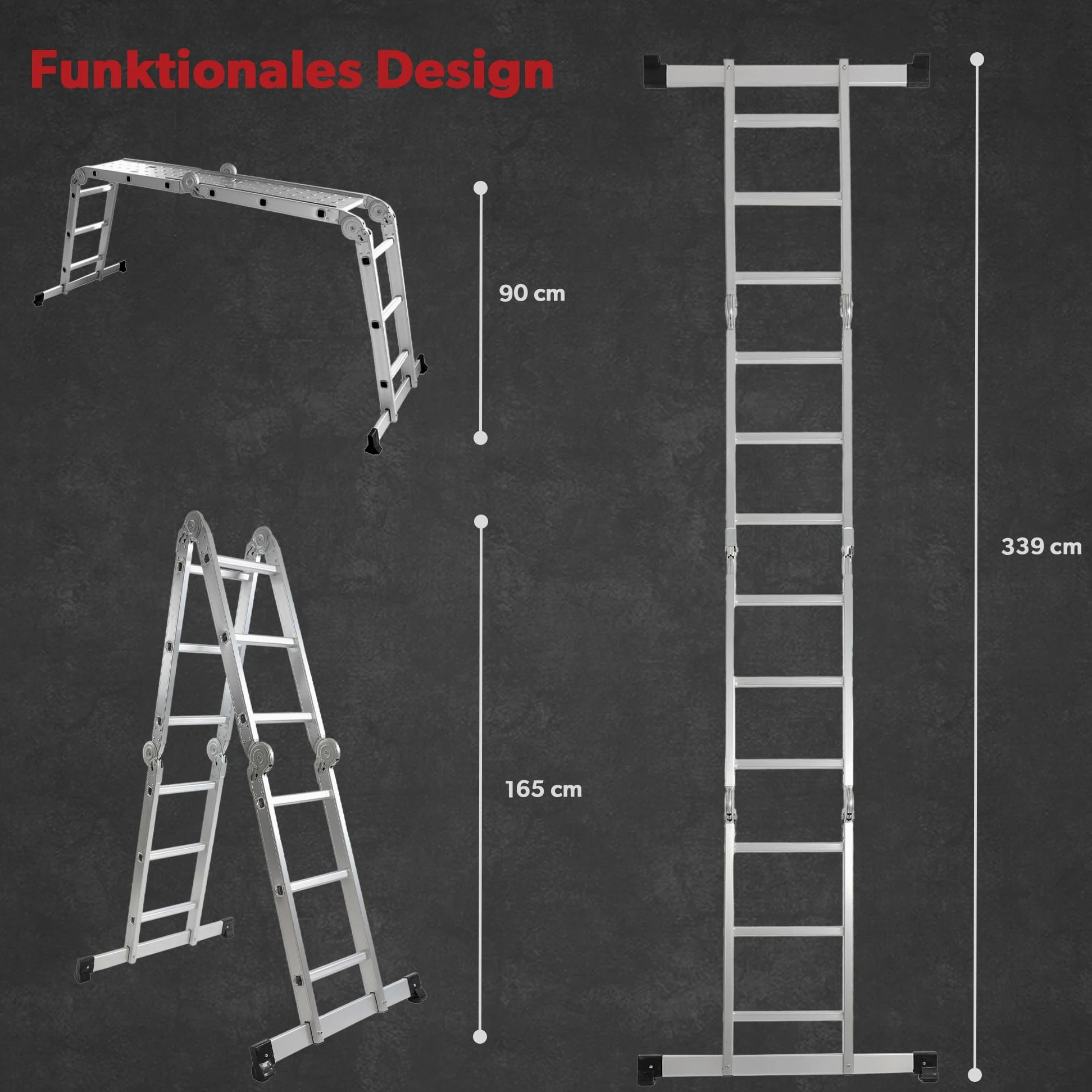 siwitec Scala multiuso 4 x 3 gradini, scala con 2 piastre di ponteggio, scala a pioli fino a 150 kg, scala in alluminio, scala domestica, 12 gradini, certificata TÜV/GS