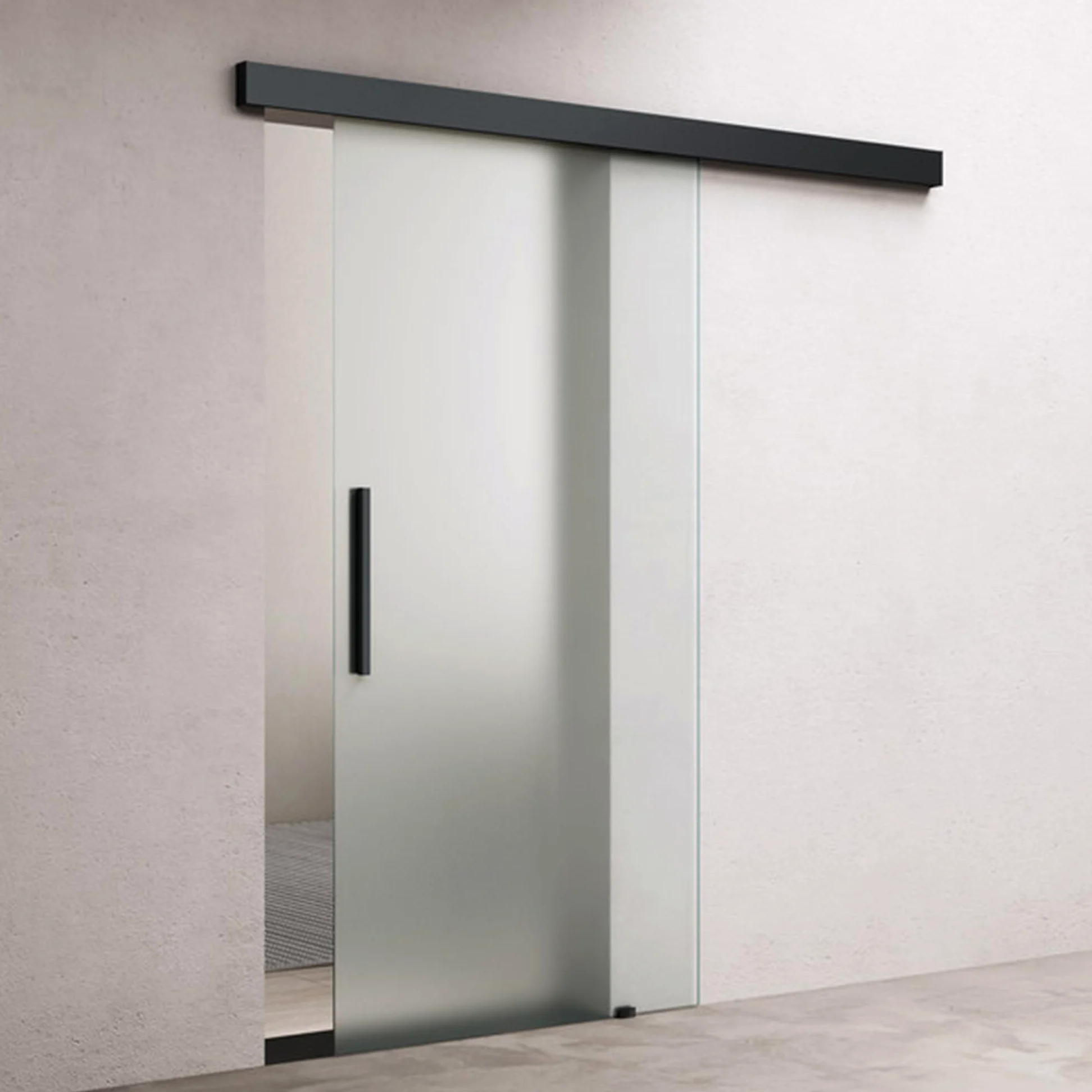 doporro Porta Scorrevole in Vetro 102.5x215cm, Porta Scorrevole in Vetro Satinato 8mm con Binario e Maniglia Per Asta per Bagno Cucina Studio Ufficio, Nero, Amalfi-plus 14H