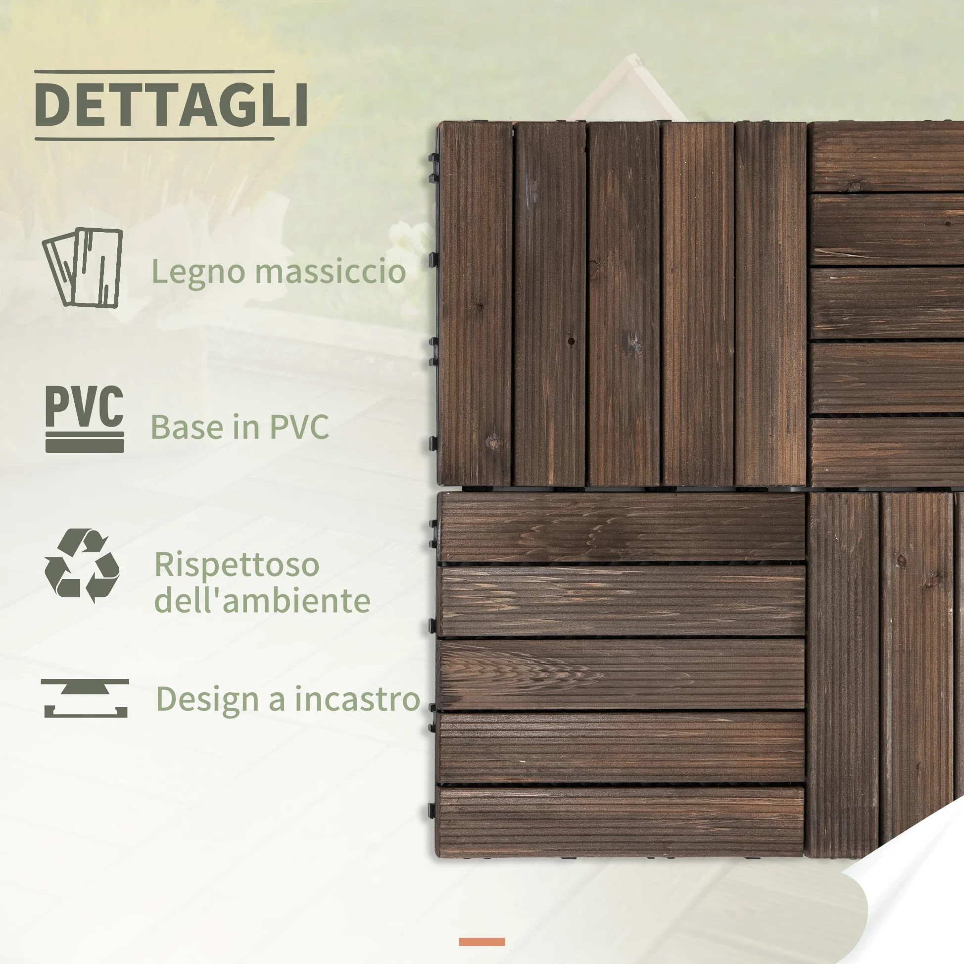 Outsunny Piastrelle per Esterni Pavimento da Giardino in Legno, Set da 27 Pezzi, 2.5m², Montaggio a Incastro, 30x30cm, Nero