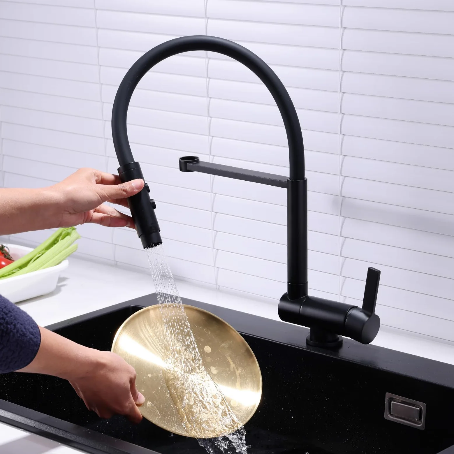 Rubinetto Lavello Cucina con Doccetta Nero Miscelatore Cucina Pieghevole Sottofinestra Rubinetti Cucina Flessibile con 2 Tipi di Spruzzo