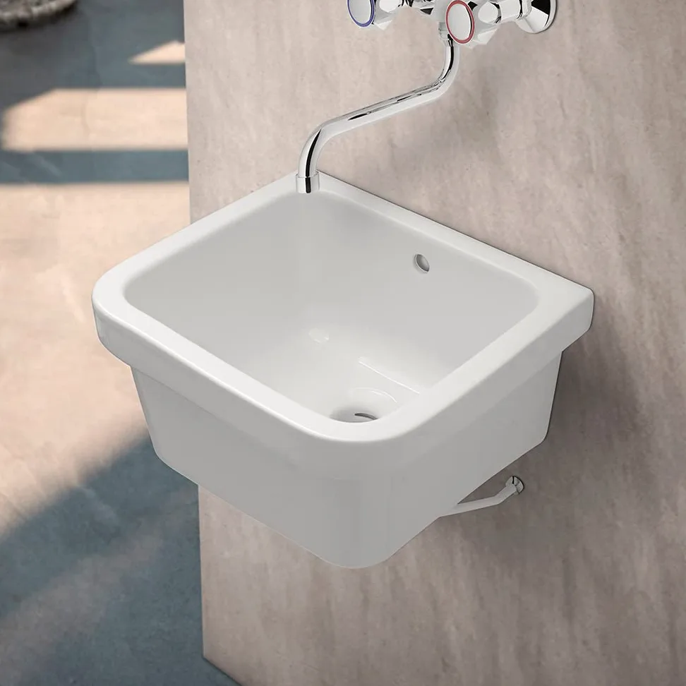 Pilozzo lavatoio da parete 46x38 cm, in ceramica bianca lucida resistente agli acidi, ideale per ambienti esterni ed interni (46 x 38 x 24 cm)