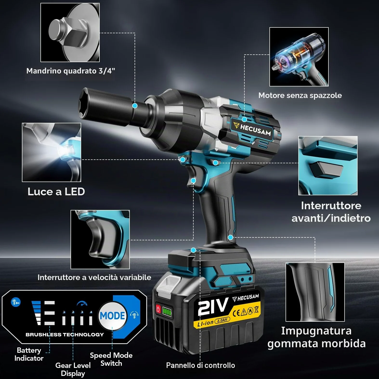 Avvitatore A Impulsi Senza Filo, 2100 Nm Di Coppia Massima, Chiave A Percussione 3/4" Con Due Batterie Da 6000mah, Adattatore Da 1/2 Pollici, Caricatore Rapido, Auto Familiare/macchine pesanti
