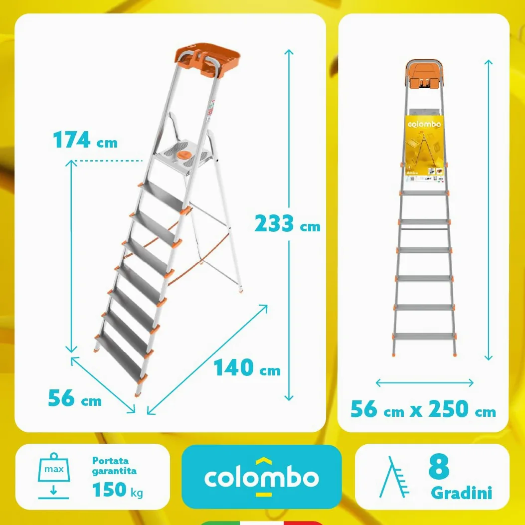 Colombo Scala Pieghevole Alluminio Attica 3/4/5/6/7/8 Gradini Senza Rivetti | Scala 8 Gradini Robusta con Piattaforma e Vaschetta Portautensili | Portata 150kg | Conforme EN131 TÜV-GS | Made in Italy