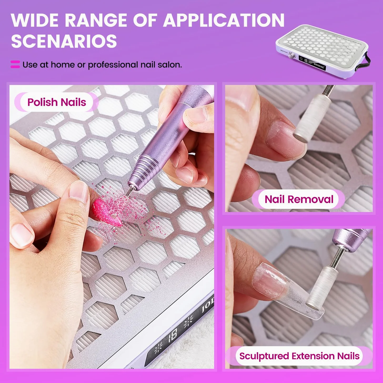 JODSONE, Collettore Professionale di Polvere per Unghie con Doppie Ventole Turbo e Display LED, Portatile, Elevata Efficienza di Rimozione della Polvere, Controllo Intelligente per Uso in Nail Art e