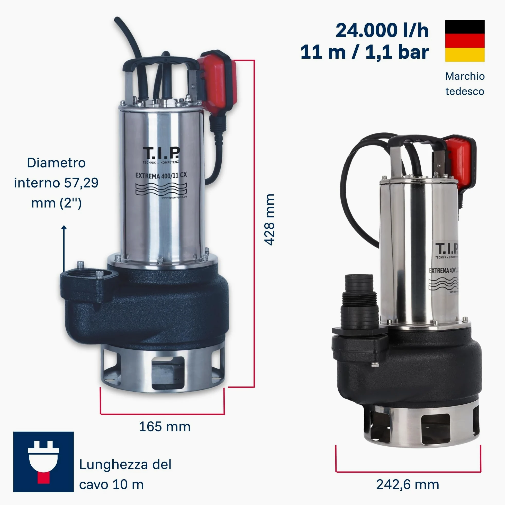 Pompa sommersa professionale per acque sporche T.I.P. - Acciaio inossidabile (portata 42.000 l/h, prevalenza 16 m, pressione 1,6 bar, granulometria 50 mm, acqua di lavaggio) Extrema 700/16-3 IX