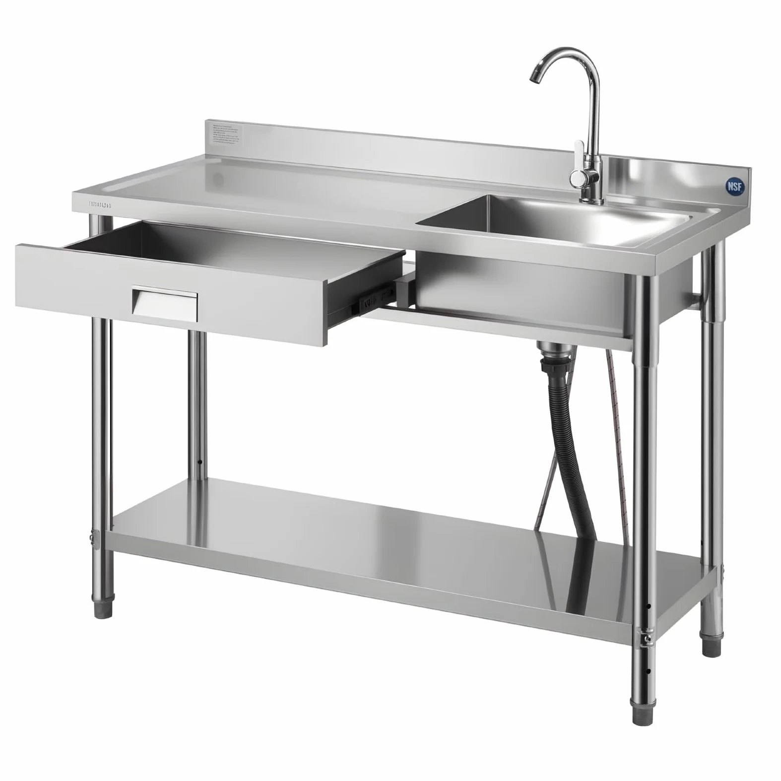 VEVOR Lavandino Mobile da Cucina 1200 x 500 x 940 mm, Vasca Singola con Rubinetto e Cassetto, Lavello da Cucina per Garage, Ristorante, Lavanderia, Lavabo da Esterno con Piano di Lavoro Sinistra