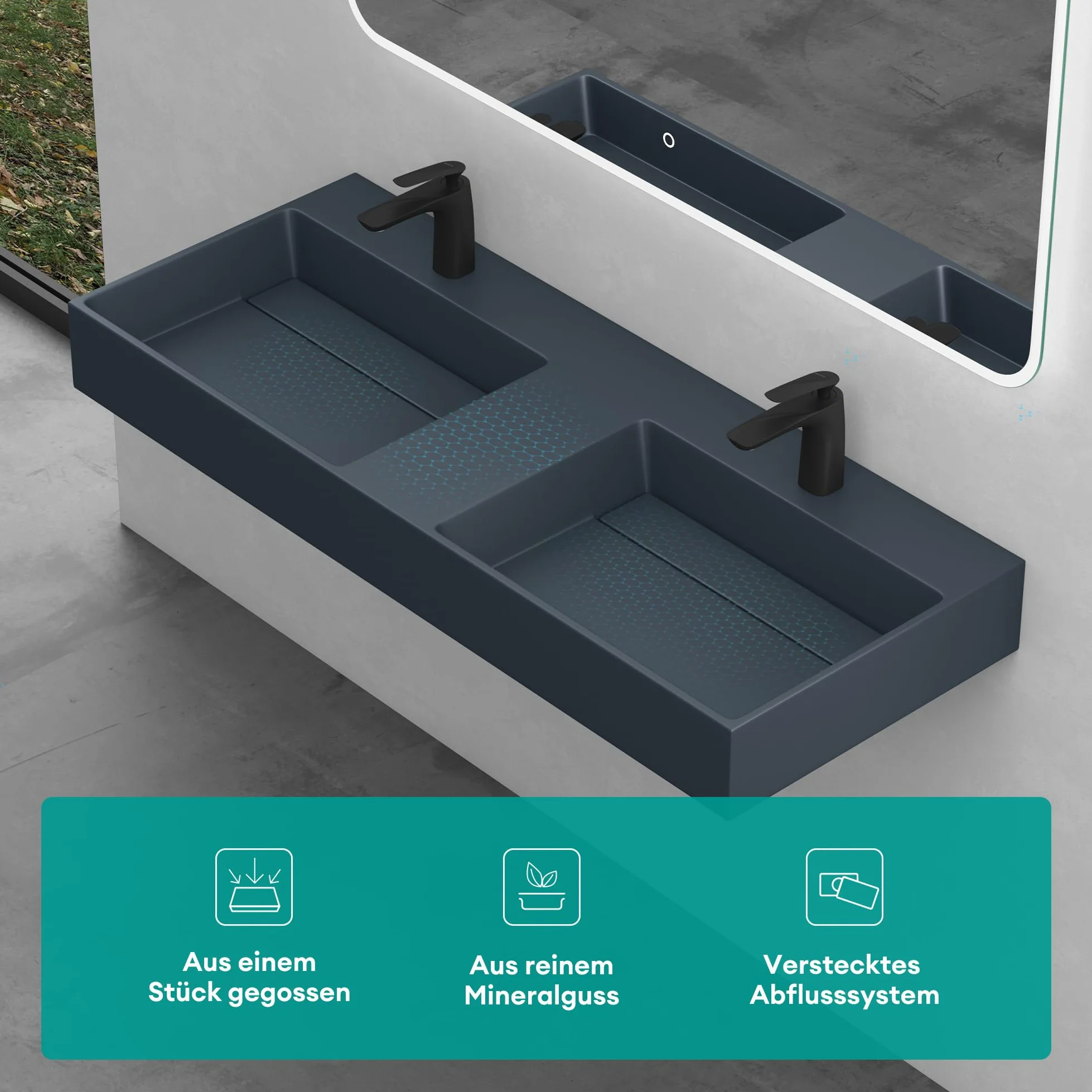 Mai & Mai Lavabo da Appoggio Doppio 120x48x13cm, Lavandino Bagno Colossum12 Lavabo da Minerale Fuso Senza Troppopieno, due Foro per Rubinetteria, Antracite