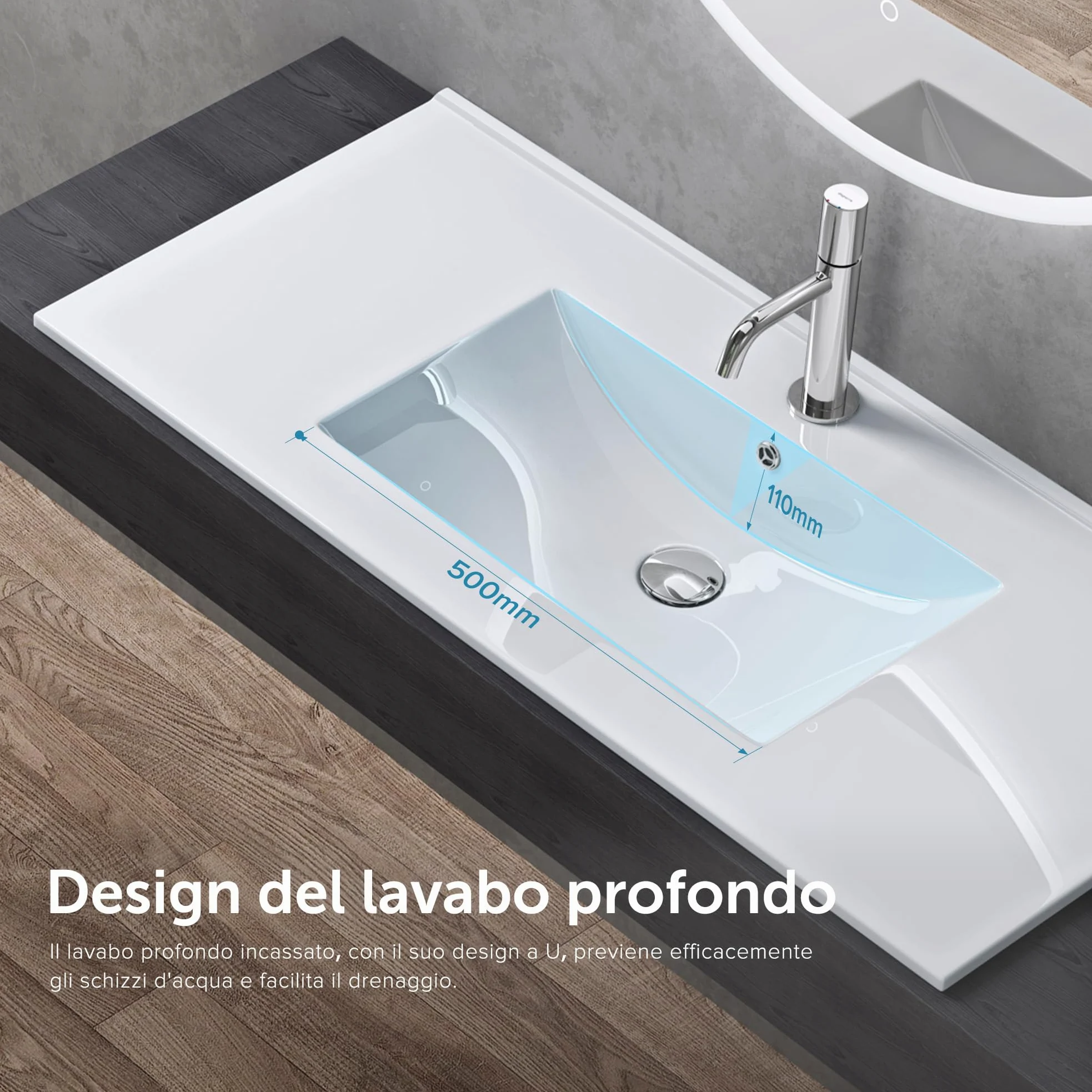 doporro Lavabo da Incasso Rettangolare 80 cm in Ceramica Bianco Lucido, Lavandino Integrato con Foro Rubinetto, Installazione su Mensola o Mobile Bagno Brüssel912