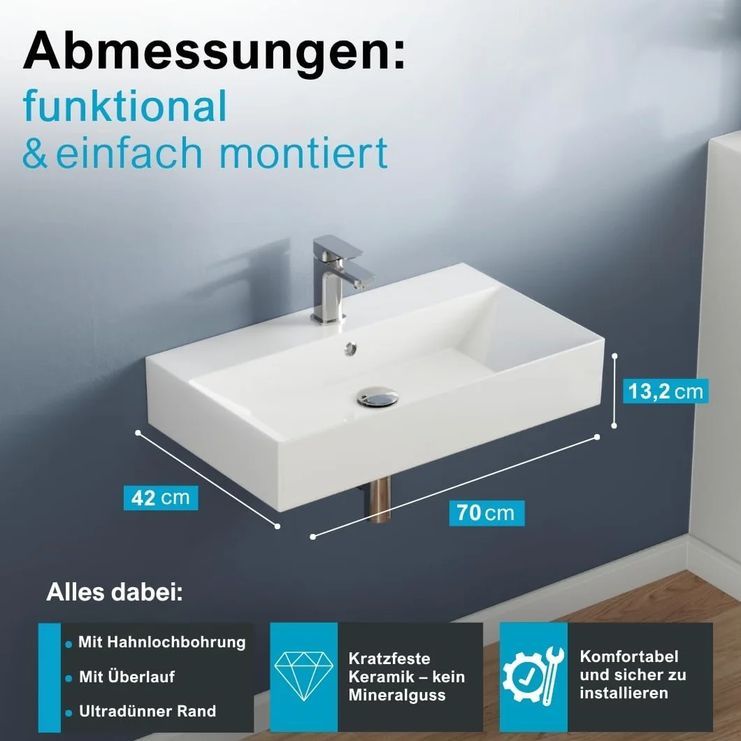 Aqua Bagno lavabo 70 cm rettangolare da parete, ceramica bianco lucido con foro rubinetto e troppopieno, design moderno per bagno contemporaneo, facile da pulire