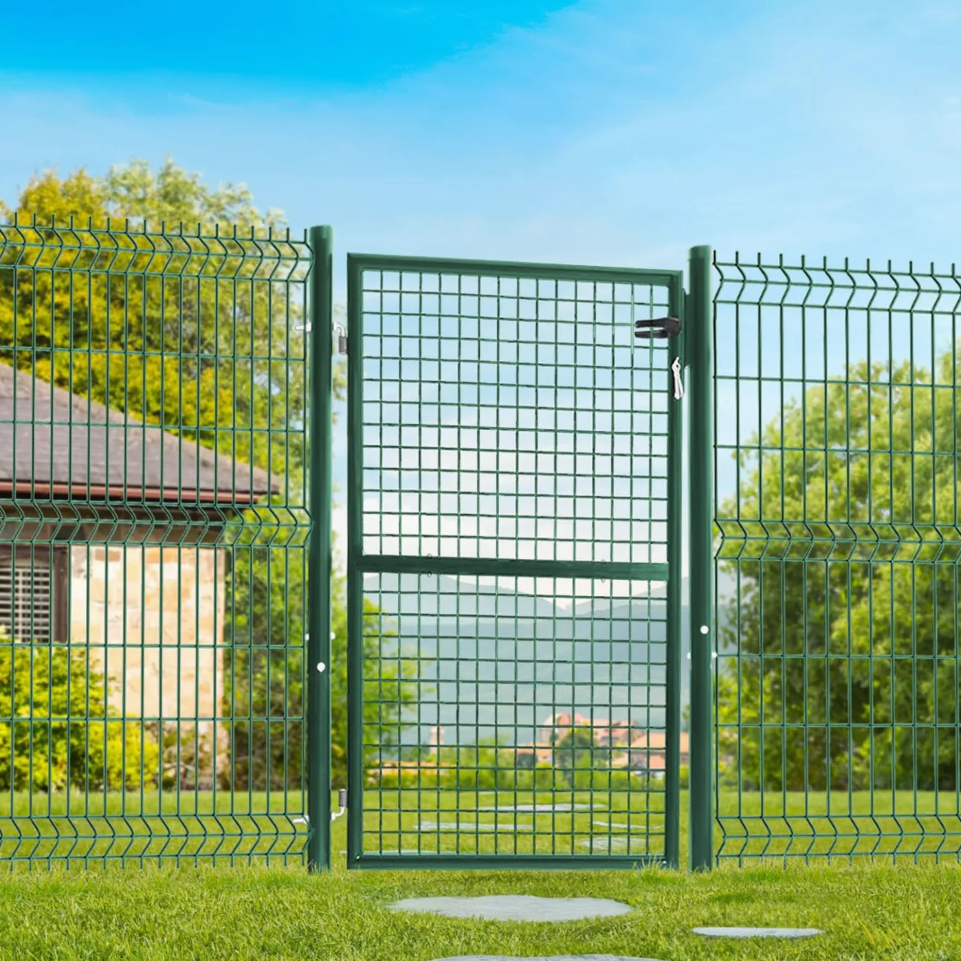 IDMarket - Cancello da giardino in acciaio verde 105 x 125 cm con serratura e maniglia