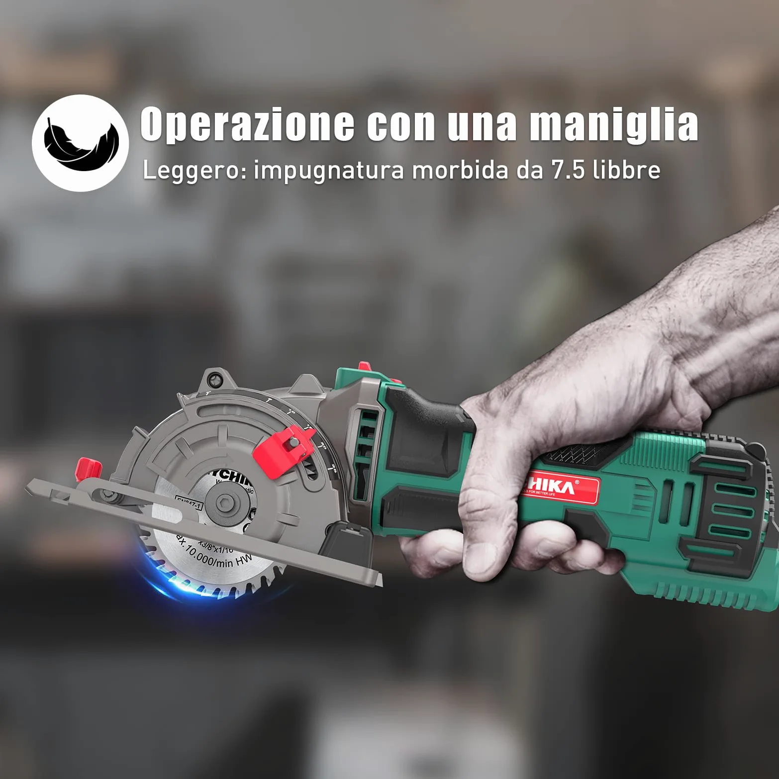 HYCHIKA Sega Circolare, 500W Mini Seghe Circolare 4500RPM, Profondità di Taglio: 0-25mm,Tubo per Aspirapolvere, 3x Lame adatto per Legno, Plastica, Metallo Morbido