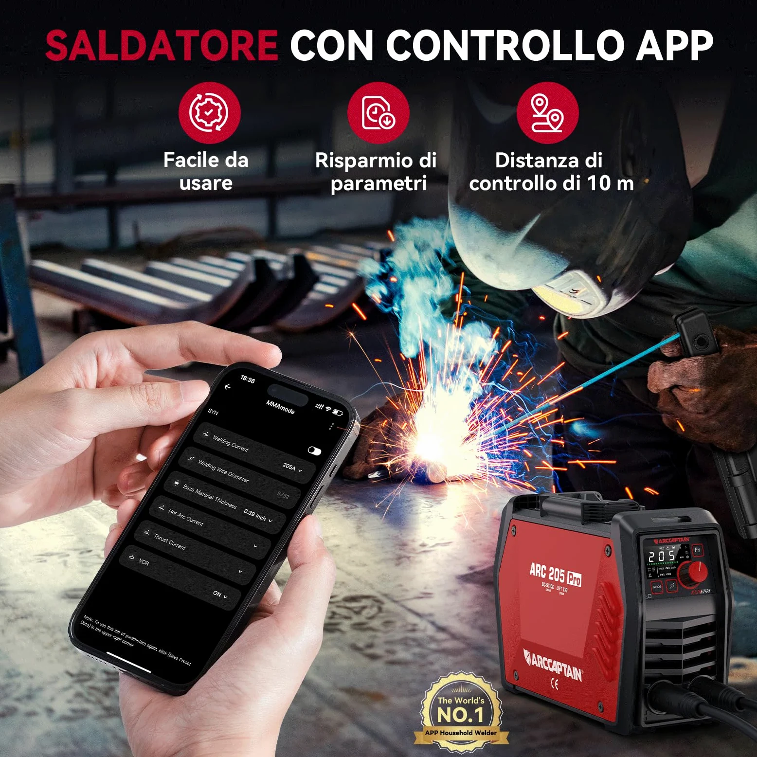 ARCCAPTAIN Saldatrice Elettrodo iControl ARC205 Pro [Controllo APP] 205Amp ARC/Lift TIG saldatrice, display a LED, IGBT Inverter 230V MMA saldatore con avvio a caldo, forza d'arco, e Anti-Stick