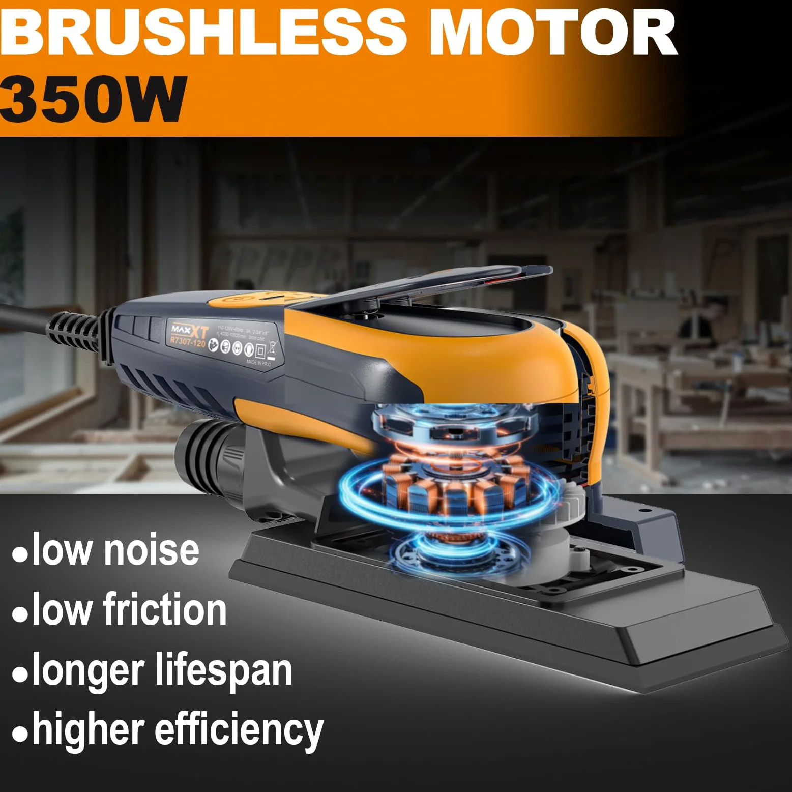 MAXXT Smerigliatrice elettrica senza spazzole 3.0 350W, velocità regolabile 4000-10000/Umin, freno automatico 2s, aspirazione automatica della polvere, superficie abrasiva 198x70mm, 10 fogli abrasivi