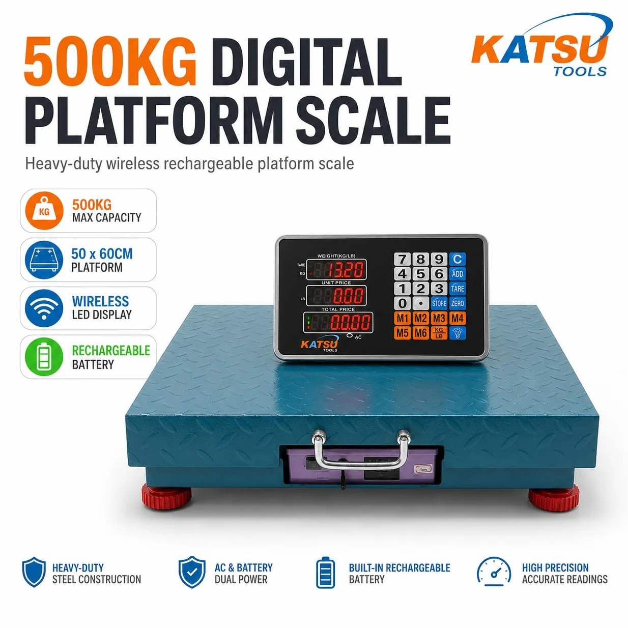 KATSU Tools Bilancia digitale wireless in acciaio 500KG 50x60cm