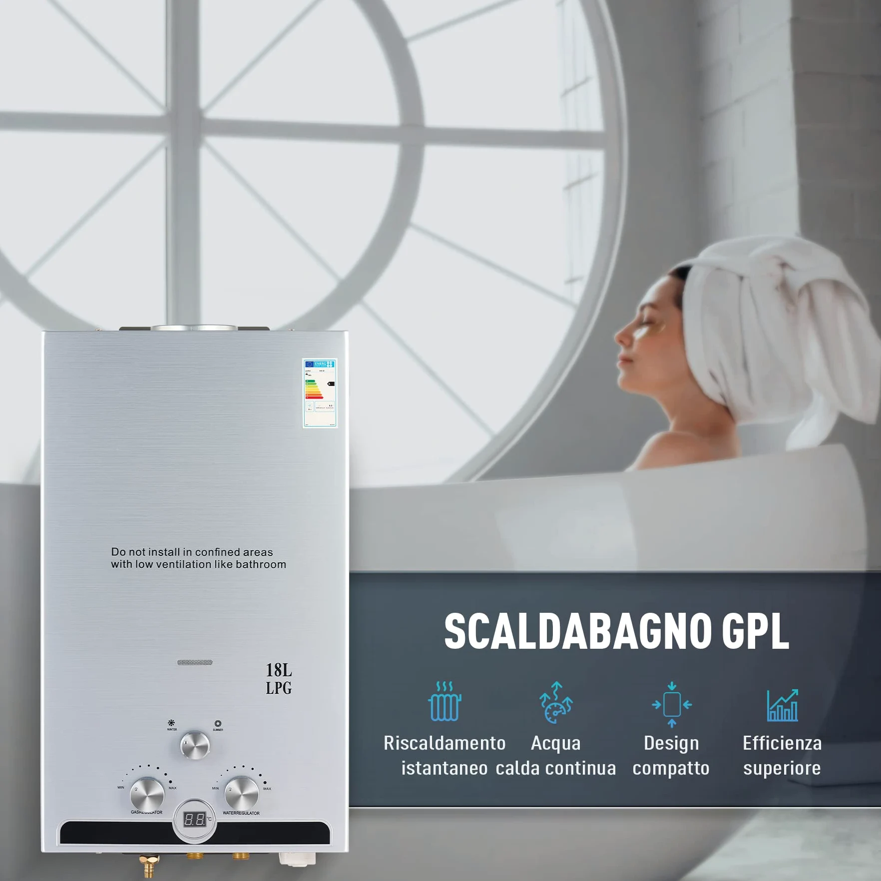 CO-Z Scaldabagno a Gas GPL 18L con Modalità Inverno ed Estate Caldaia a Gas GPL da 30.6 kW a Parete senza Serbatoio Scaldacqua Istantaneo Automatico con Anima in Rame e Display a LED (18L)