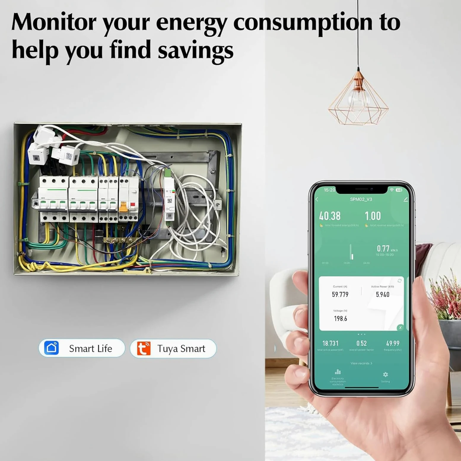eMylo Contatore Energia Intelligente WiFi 3 Fasi 120A, Monitoraggio in Tempo Reale con Trasformatori di Corrente a Nucleo Diviso, Protezione Sovraccarico, App Tuya Smart Life per Casa e Appartamento