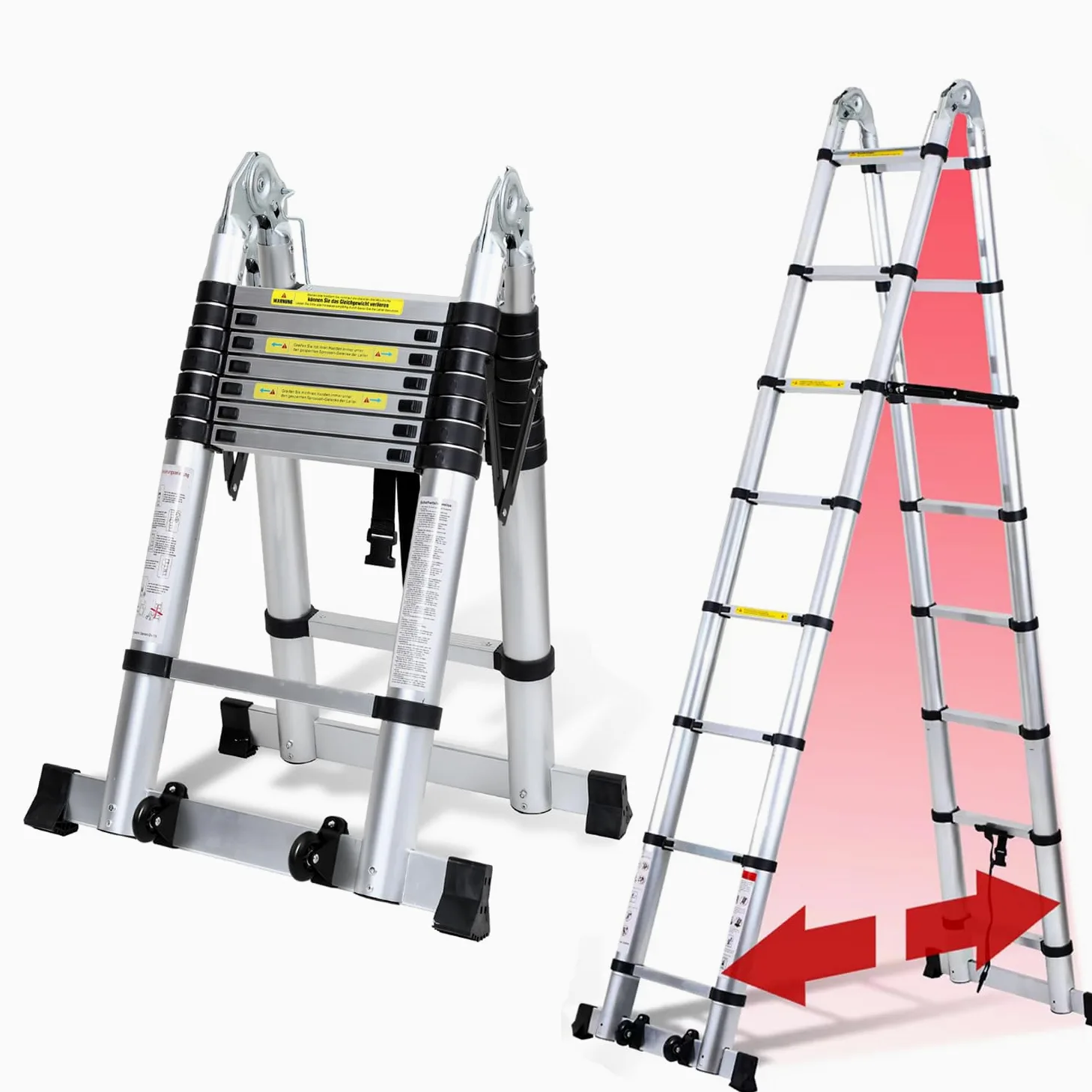 Scala telescopica pieghevole in alluminio, 5 m, allungabile, in alluminio, antiscivolo, portata 150 kg Silver