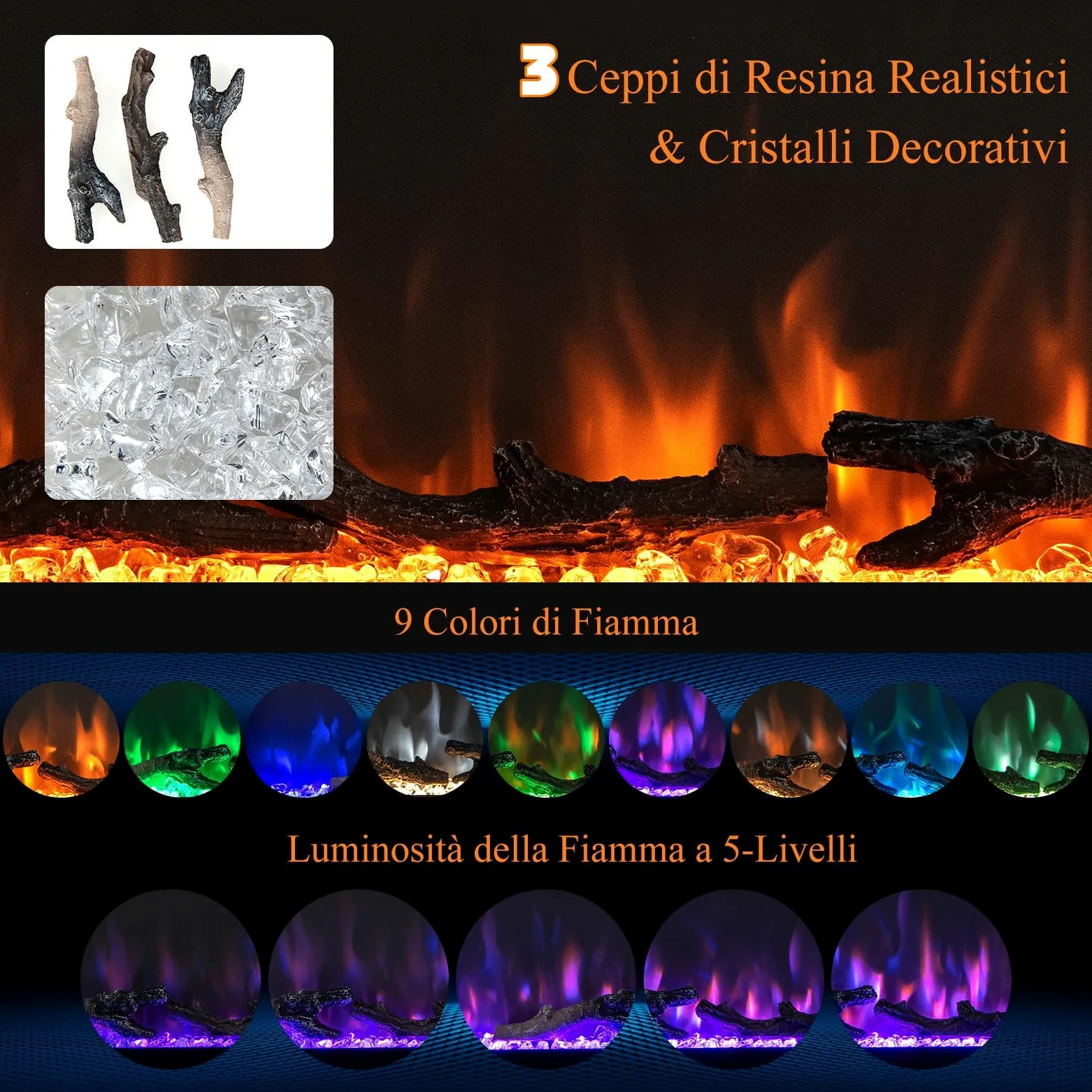 GYMAX Camino Elettrico, Caminetto a Parete Incassato, 750W/1500W, con Telecomando, Timer, Decorazione di 3 Tronchi e Cristalli, 91,5 x 14 x 45 cm (91,5 x 14 x 45 cm)