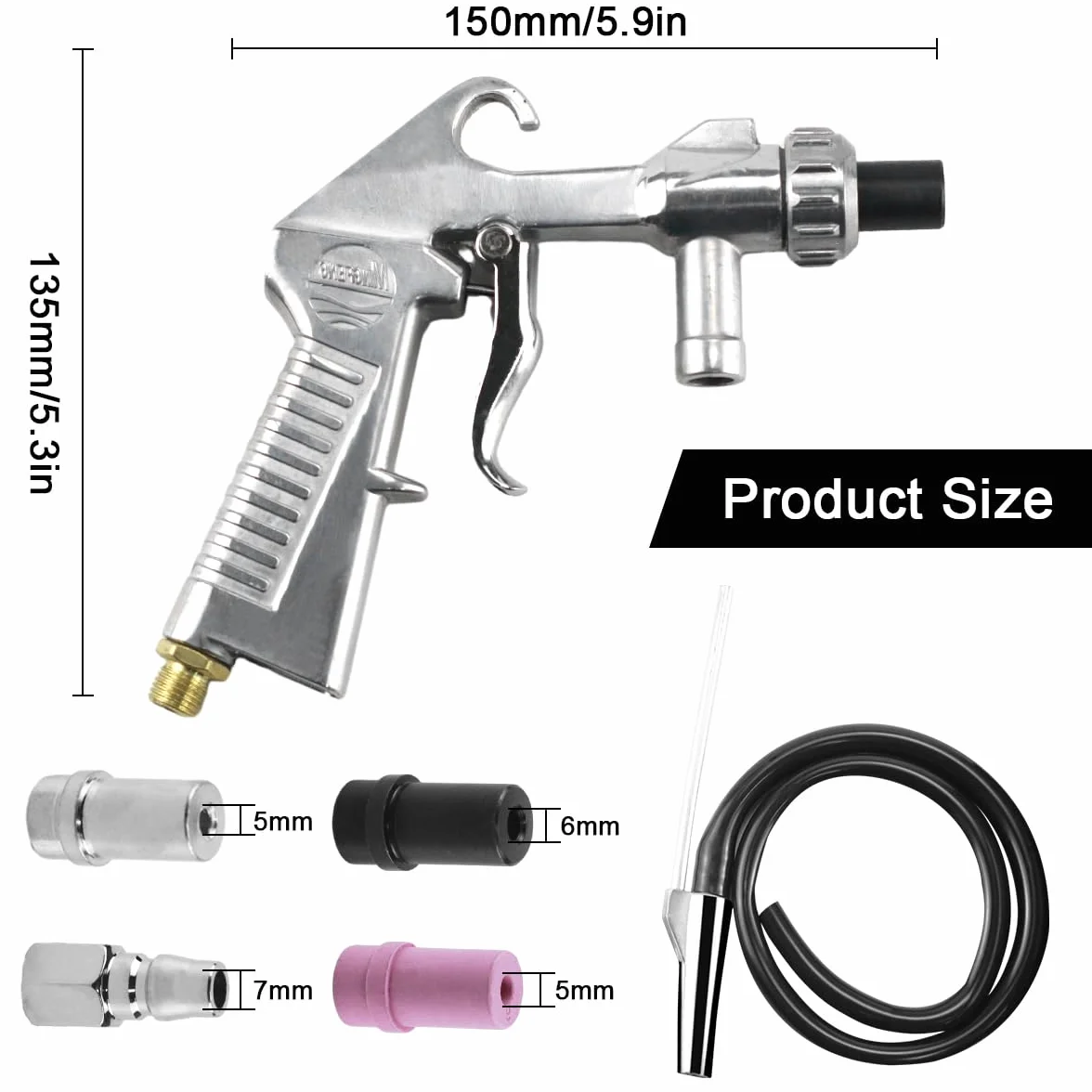 Pistola Sabbiatrice per Compressore, Sandblaster Set Portatile, con Tubo in Gomma (1 m), ugello in metallo e Ugelli in Ceramica un Raccordo ad aria, per Lucidatura Superficiale