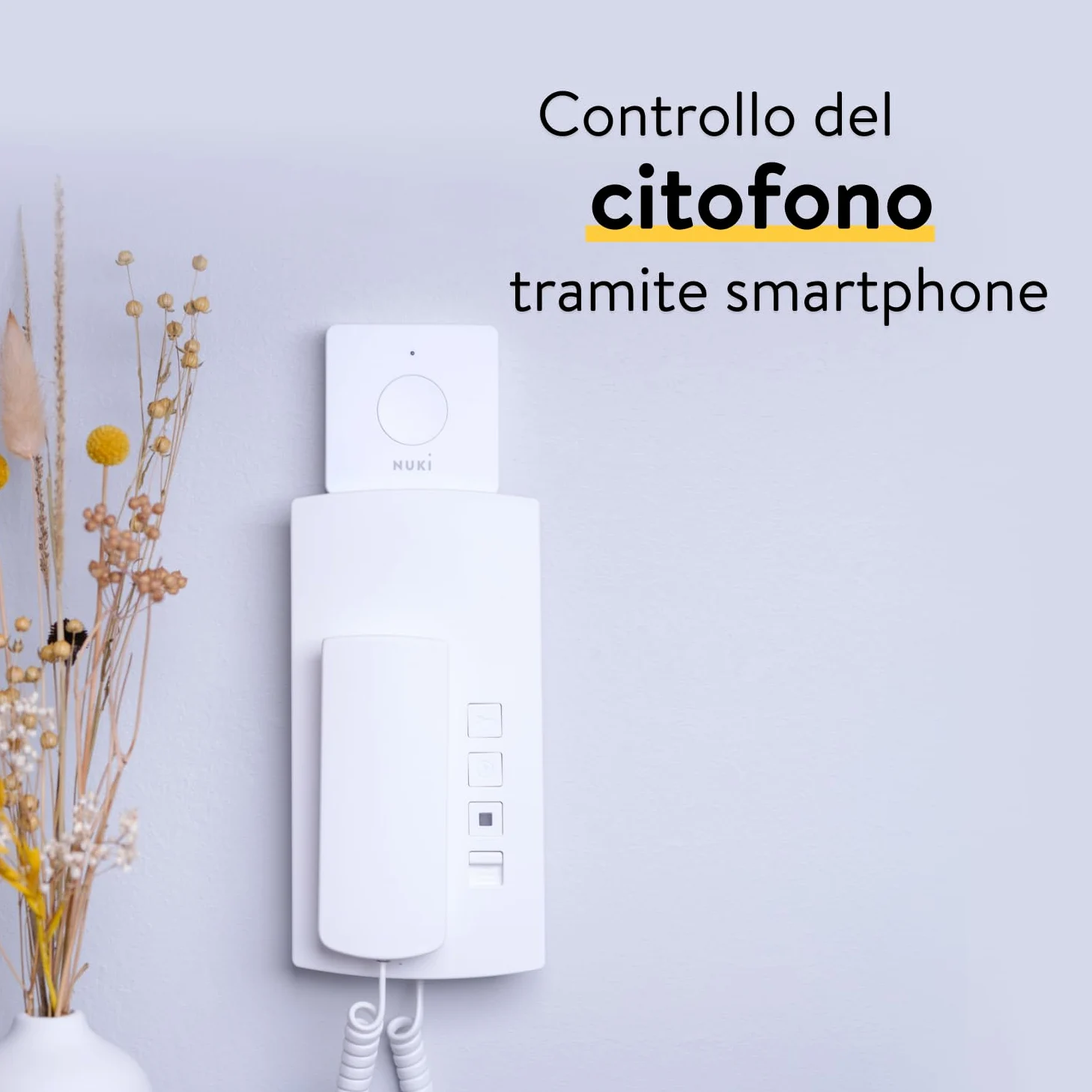Nuki Opener, serratura elettronica per il condominio, necessario l'uso del Nuki Bridge, comando del citofono tramite smartphone, apriporta automatico case multifamiliari, Smart Home, bianco