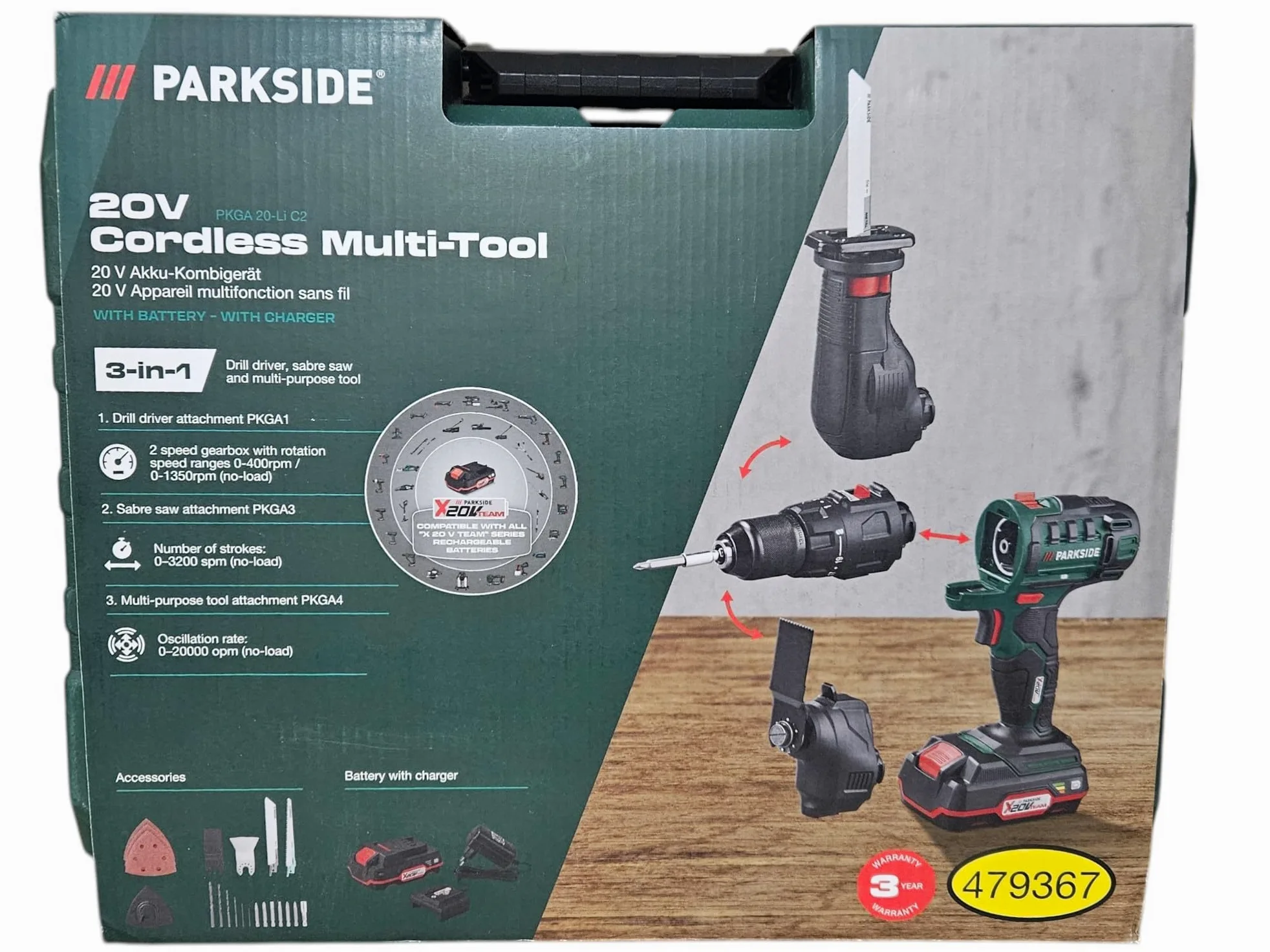 Parkside Strumento combinato multifunzione 4 in 1 da 20 V, senza fili, unità nuda, trapano, levigatrice multipla, sega a sciabola, strumento oscillante per cambiare rapidamente e facilmente gli