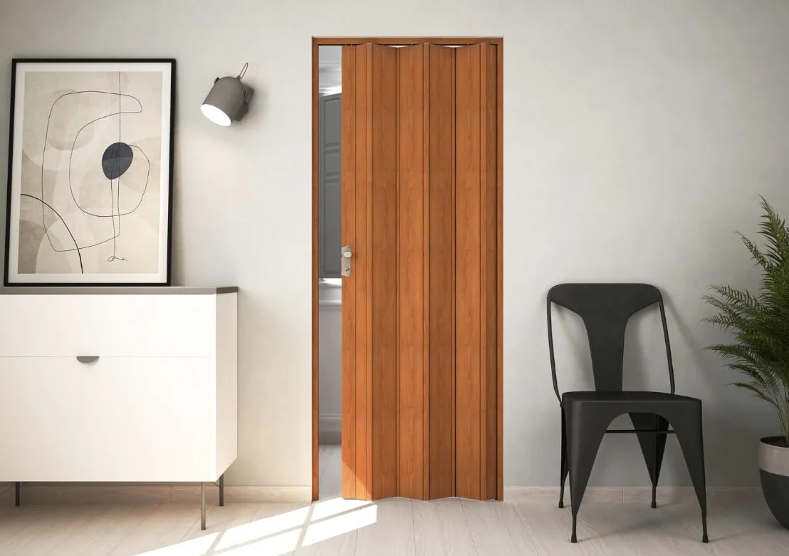 Forte Porta a Soffietto Giulia in PVC, Resistente agli urti, Riducibile, Kit completo di serratura, L88,5 x H214 cm, Effetto legno Ciliegio