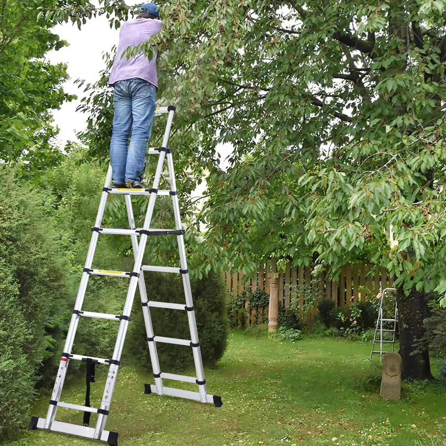 Lospitch - Scala telescopica pieghevole, 2 + 2,3 m, in alluminio, antiscivolo, multiuso, allungabile, telaio ad A, 6+7 pioli, portata 150 kg