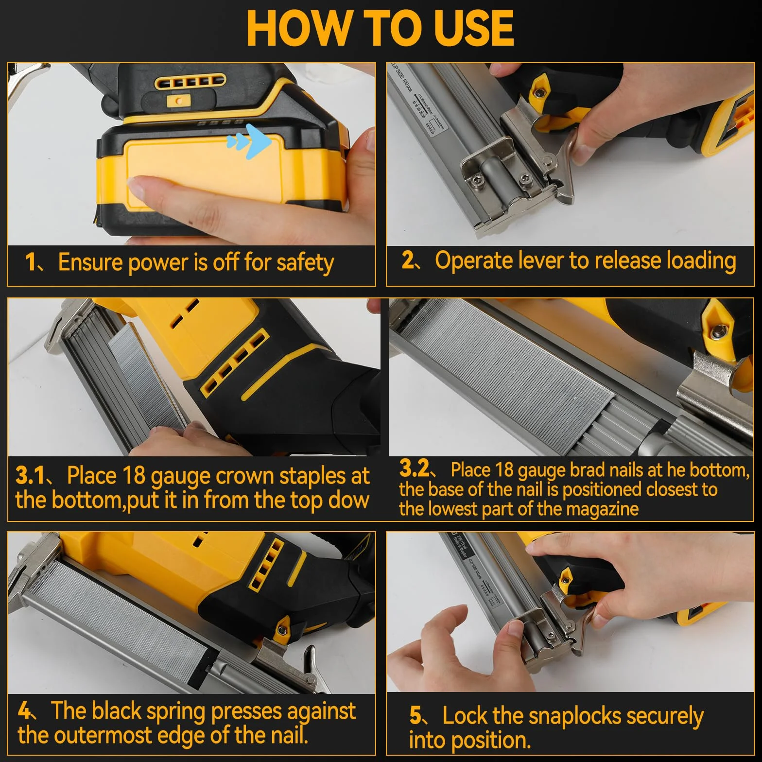 Cappotto senza fili 18GA compatibile con batteria Dewalt 20V MAX, chiodatrice a corona stretta senza spazzole con 1000 chiodi e 1000 graffette per fai-da-te e lavorazione del legno