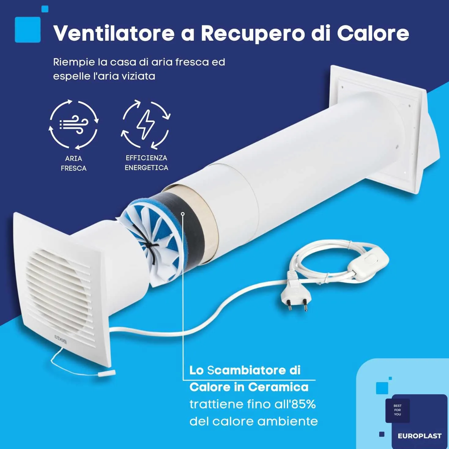EUROPLAST Ø 100mm VMC Doppio Flusso Recupero Calore - VMC Recuperatore di Calore - Ventilazione Meccanica Controllata - Ventola Ricambio Aria - La Ventilazione Efficiente