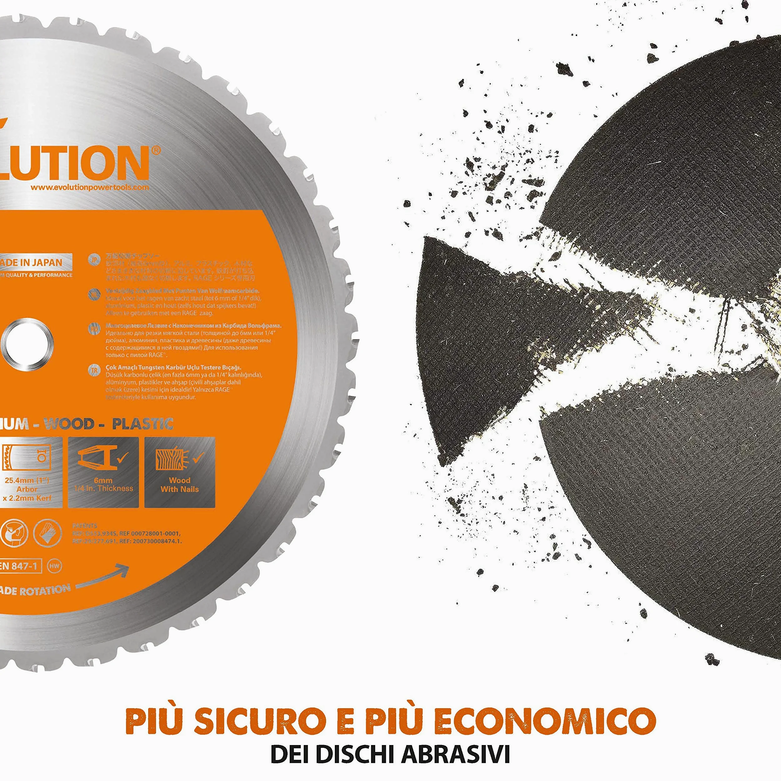 Evolution Power Tools 083-0003 R355Cps Troncatrice Per Ferro Multi Materiale, Esegue Tagli Su Acciaio, Alluminio, Plastica E Legno Anche Con Chiodi, 355 mm