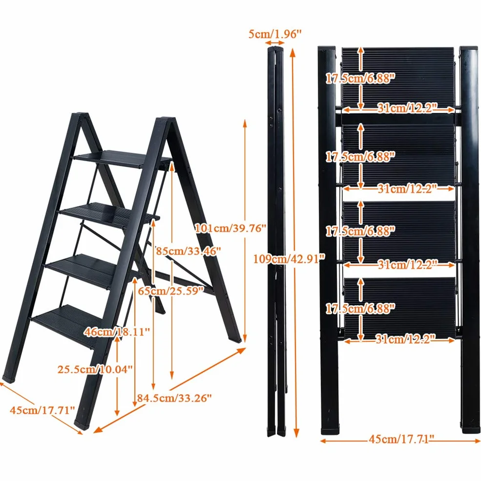 BAOYOUNI Scaletta Pieghevole in Alluminio 4 Gradini Sgabello Leggera Resistente con Pedale Antiscivolo Scala per uso Domestico, Ufficio, Garage, Giardino, Pittura, può Portare Fino a 135 kg, Nero