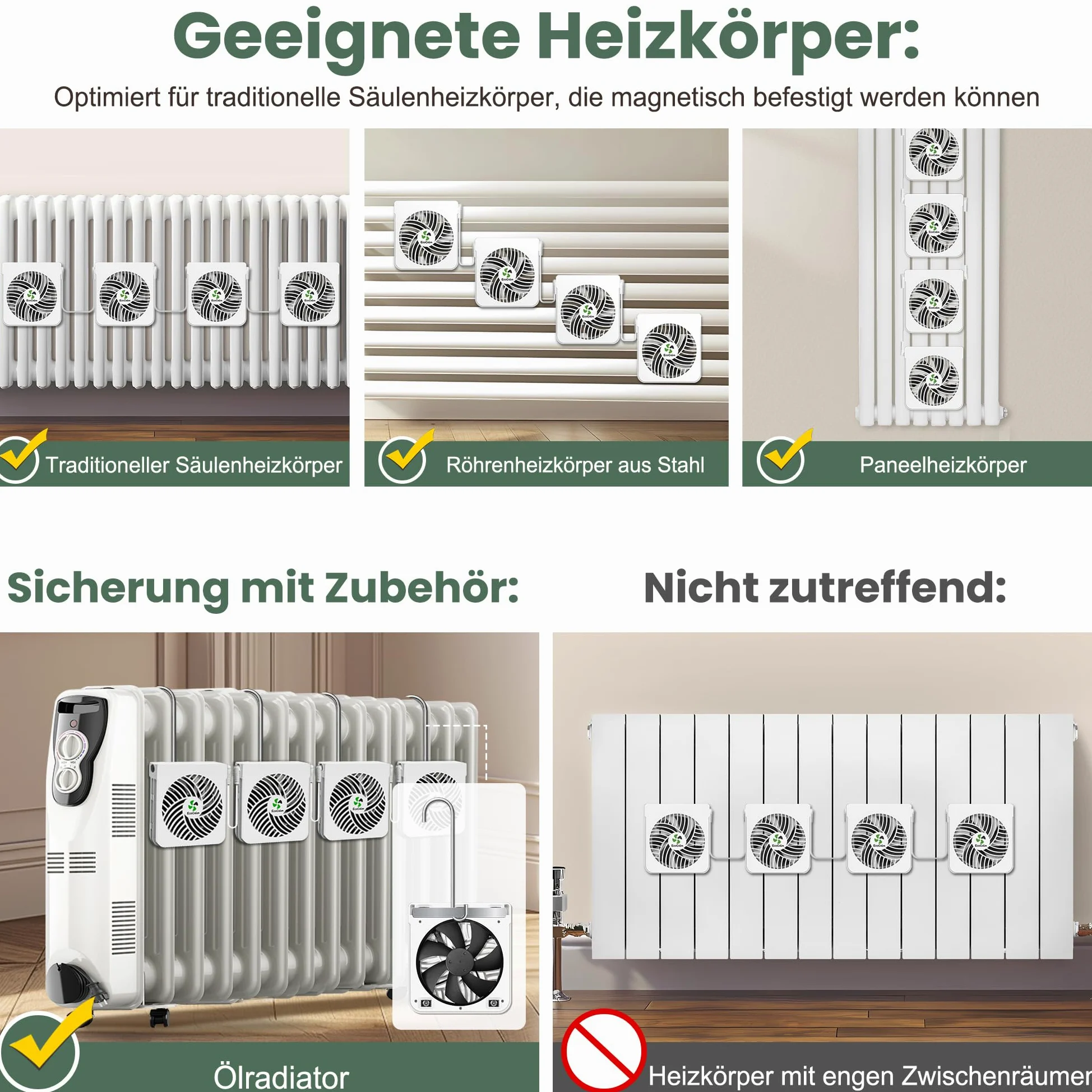Ventilatore per radiatore con 5 magneti per radiatori in ghisa, 4 ventilatori magnetici con termostato intelligente, ventilatore per radiatori aumenta l'efficienza di riscaldamento e risparmia