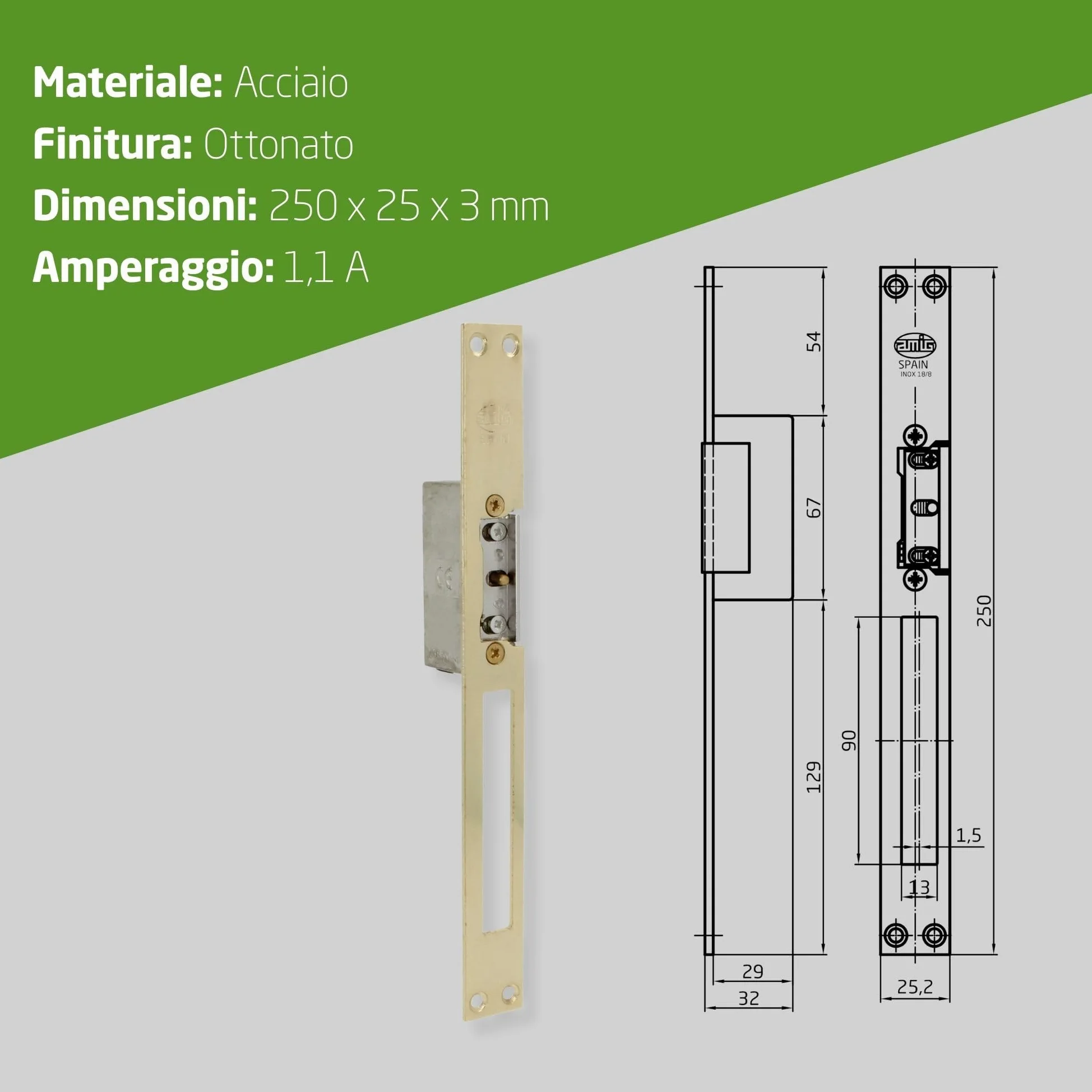Amig - Incontro elettrico da incasso per controllo accessi - Compatibile con scrocco europeo 13 mm - Frontale 250 x 25 mm - Acciaio ottonato verniciato - Dorato - 8-12 V AC/DC - Mod. 20 con inibitore