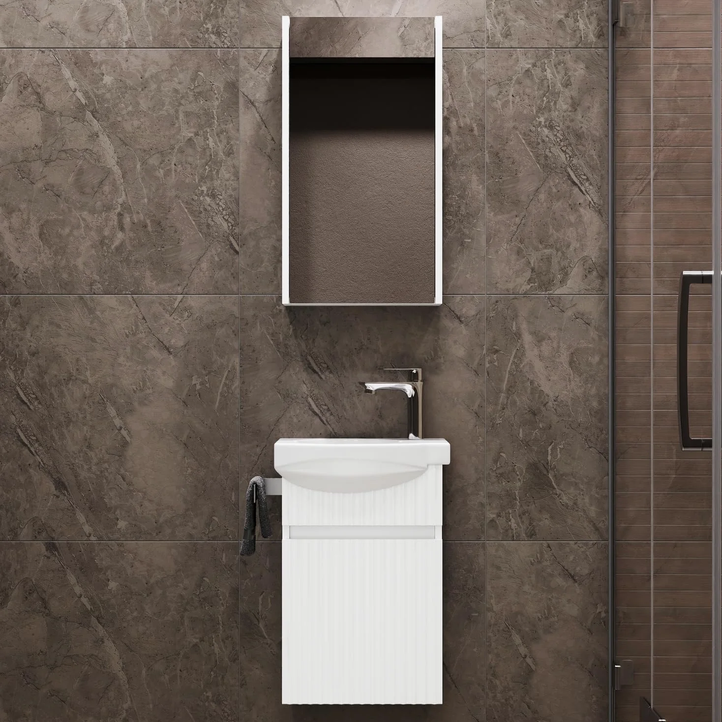Planetmöbel Lavabo con mobiletto, 40 cm, con lavabo in ceramica e armadietto a specchio, set di mobili da bagno, bianco opaco