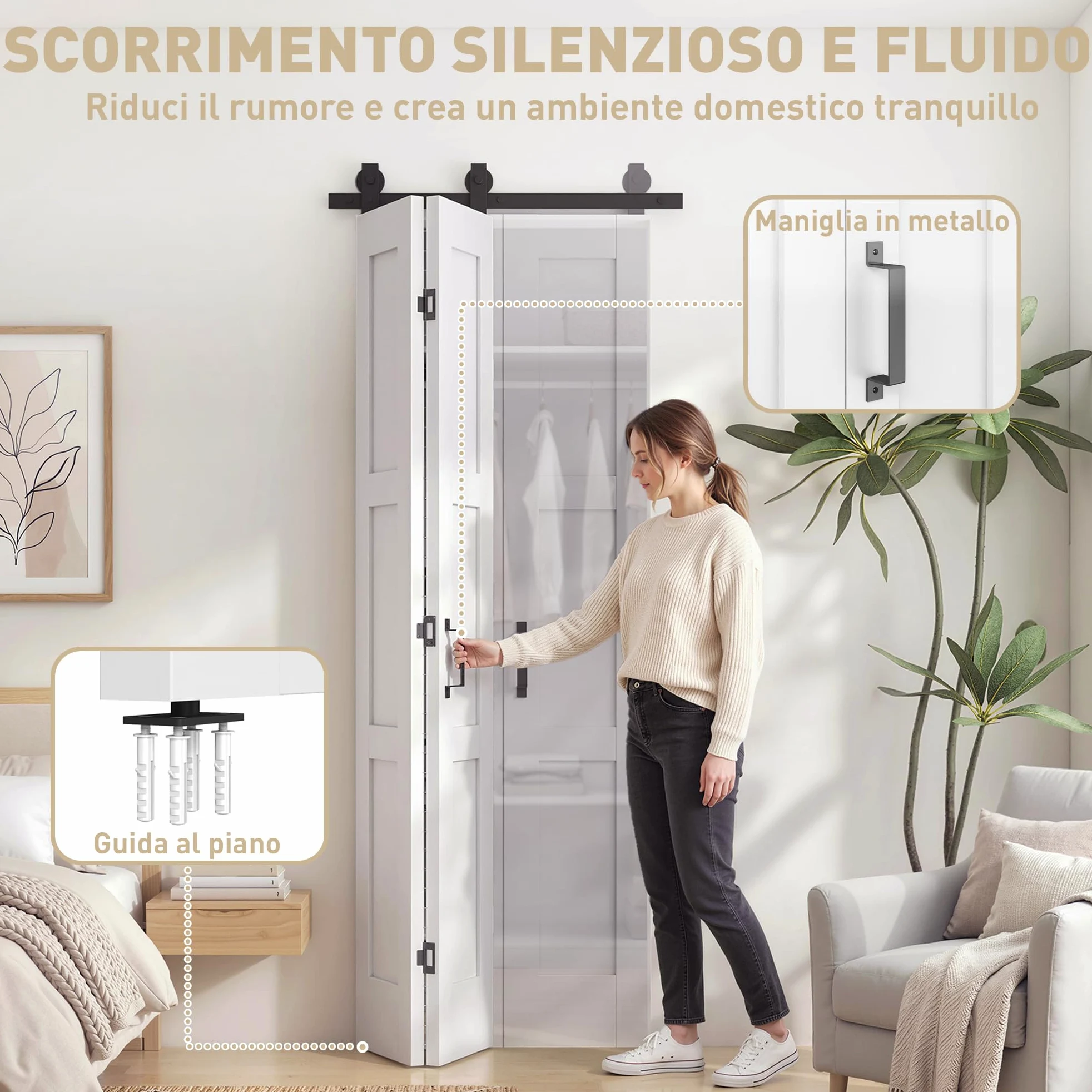 HOMCOM Porta Scorrevole Bi-fold Muro 71.2x213.4cm, Binario Silenzioso Acciaio, Maniglia, Guida, Ruote, Porta da Interno Stile Rustica, in MDF e Legno Pino, Impermeabile, per Cucina, Bagno