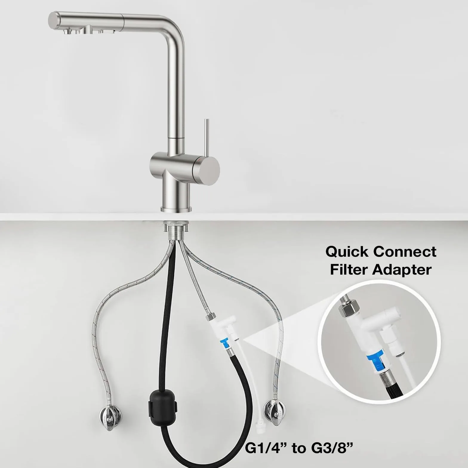 Faustina Rubinetto da cucina a 3 vie con doccetta estraibile, miscelatore monocomando, rubinetto per lavello, rubinetto da cucina per impianto di osmosi inversa e filtro dell'acqua in acciaio inox