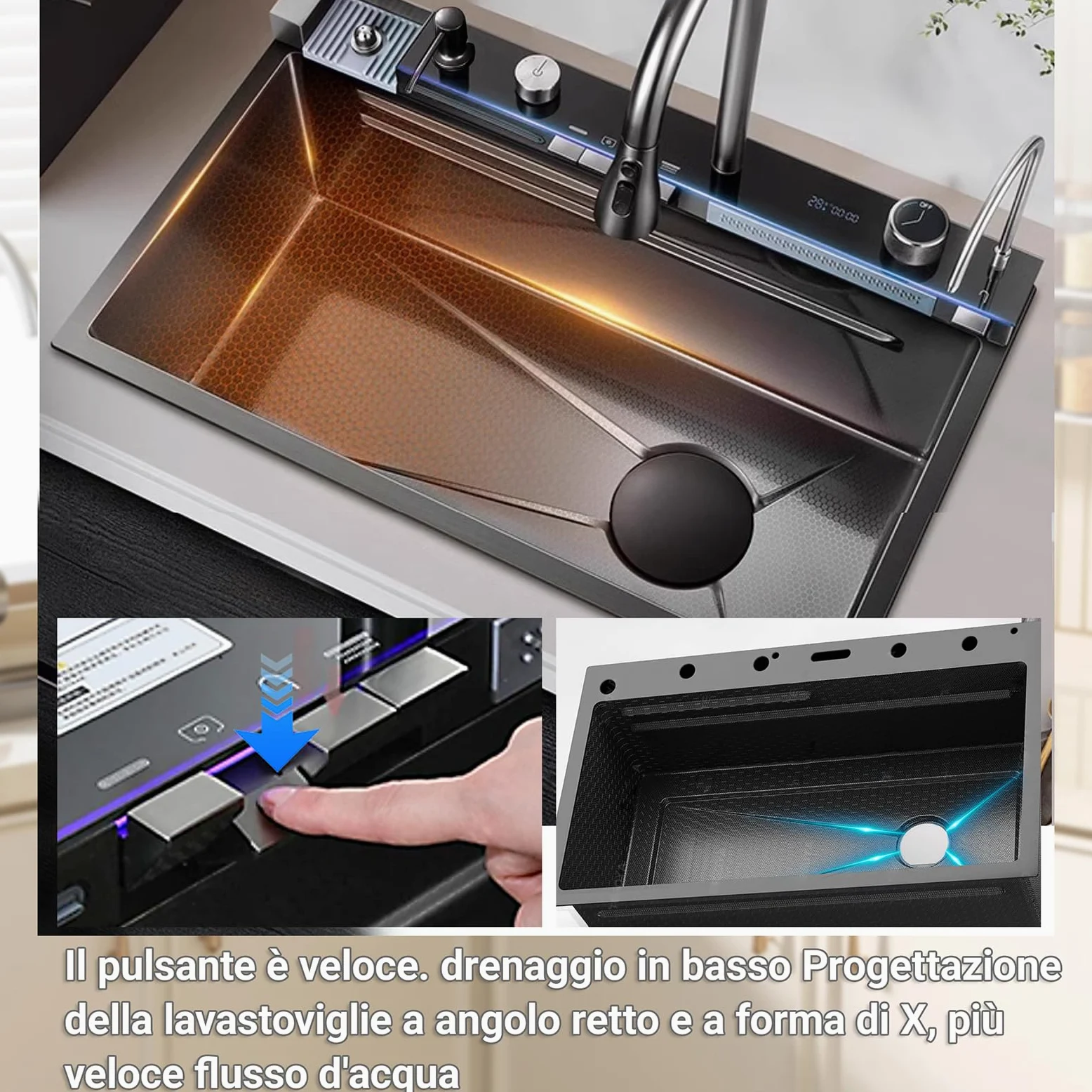 Nero Lavandino Cucina 1 Vasca Multifunzione Kitchen Sink Moderno Acciaio Inox Lavello Cucina Cascata, con Componente Di Drenaggio,Tagliere, Lavatazze, Dispenser di Sapone, Istruzioni (80x45x22cm)