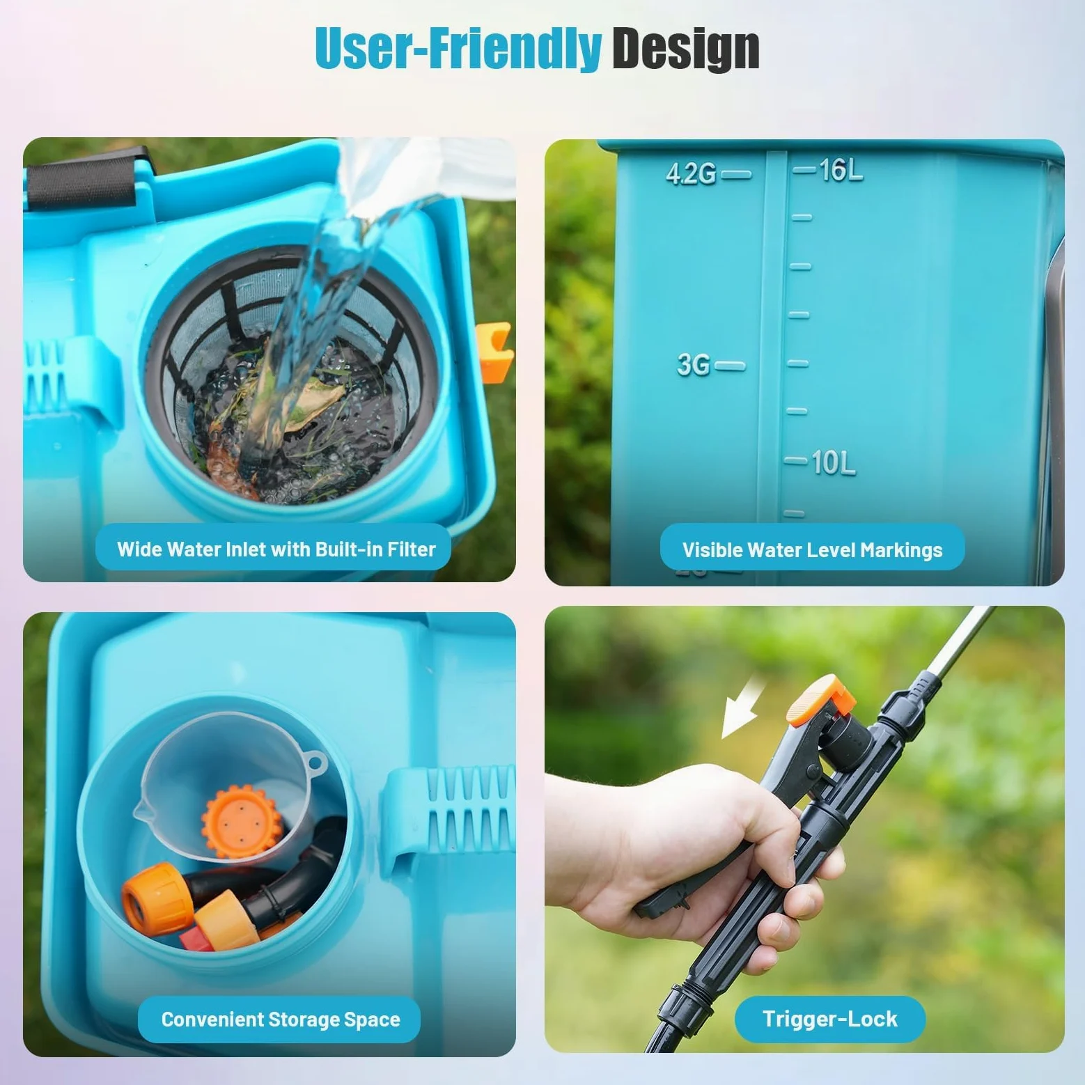 SideKing Pompa Irroratrice a Batteria 16 Litri, Atomizzatore a Spalla con 5 Ugelli, Pressione Regolabile 8,3 Bar, Batteria 4000mAh, Pompa per Diserbante per Giardino, Diserbante e Pulizia Tetti