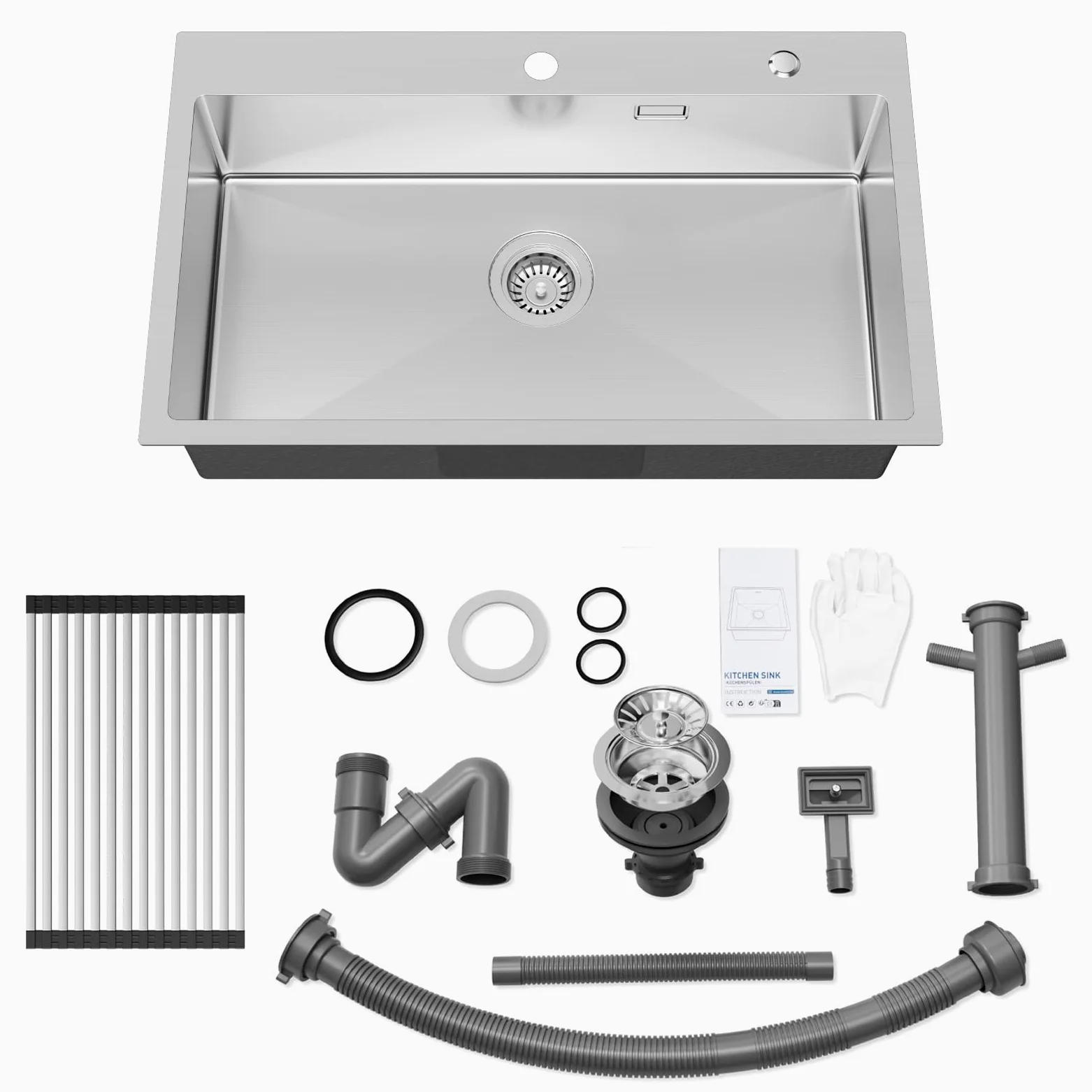 Auralum Lavandino Cucina 75 x 45 cm, Lavello Cucina 1 Vasca con Gocciolatoio, Lavabo Cucina Acciaio Inox da Appoggio con Troppopieno, Sifone e Set di Drenaggio