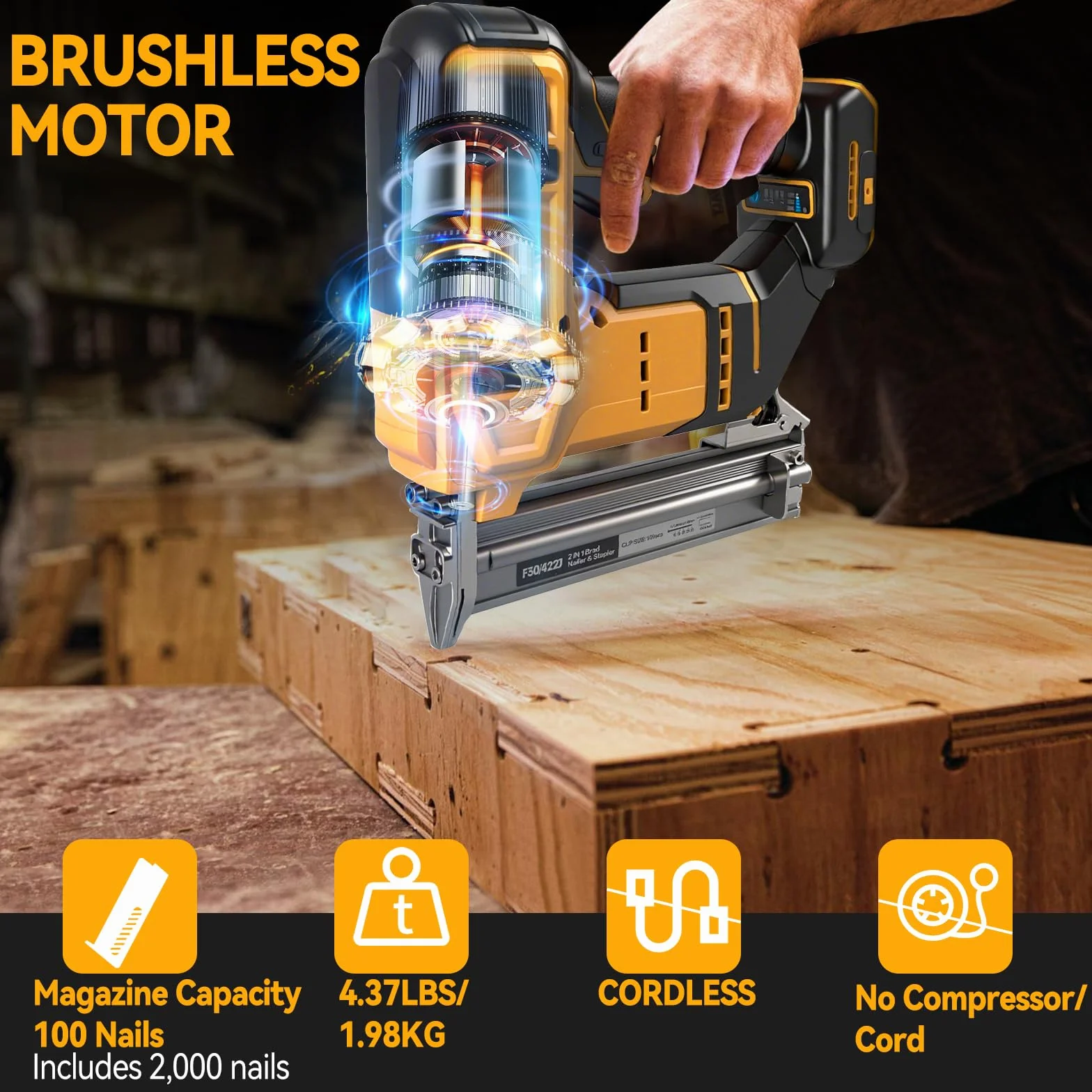 Cappotto senza fili 18GA compatibile con batteria Dewalt 20V MAX, chiodatrice a corona stretta senza spazzole con 1000 chiodi e 1000 graffette per fai-da-te e lavorazione del legno