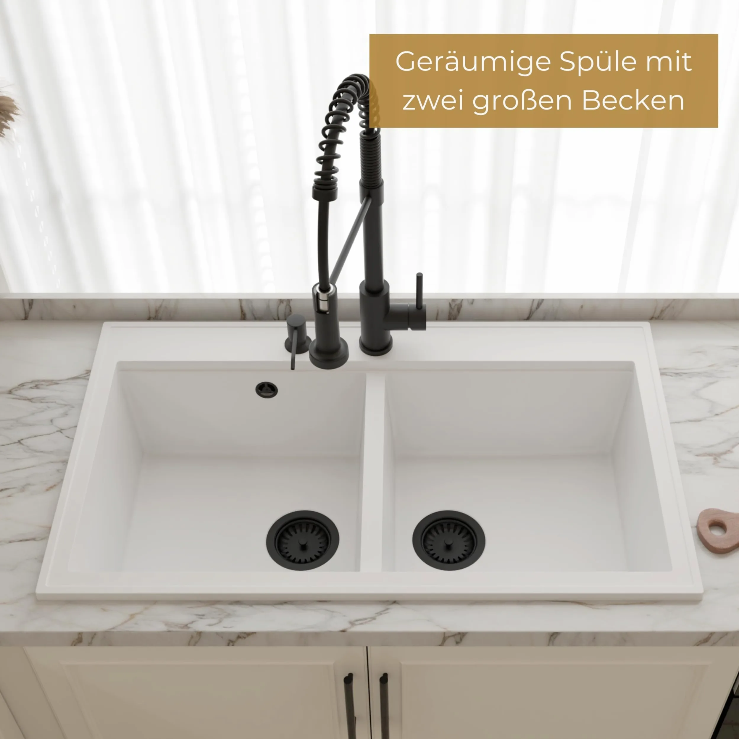 SINK QUALITY Lavello doppio nero 86 x 50 cm, doppio lavello con sifone e impregnante, lavello in granito 2 vasche – lavello da cucina a partire da mobile sottolavello da 85 cm