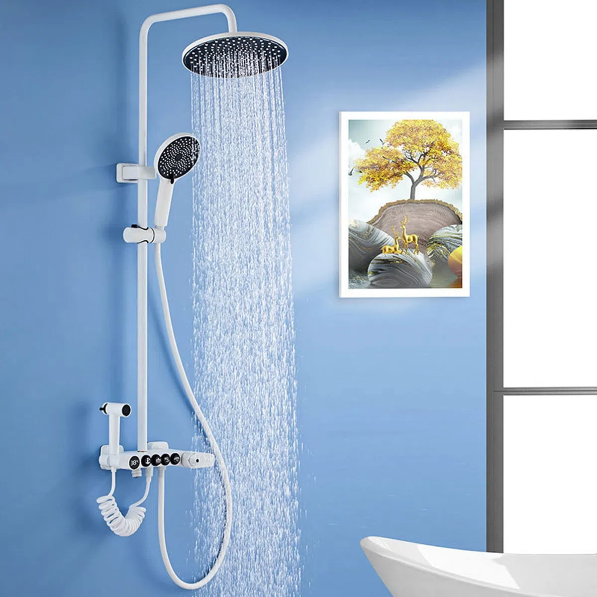 Soffione doccia combinato, soffione doccia a pioggia ad alta pressione da 25,4 cm, con braccio di estensione regolabile, funzione display digitale e soffione portatile a 3 impostazioni