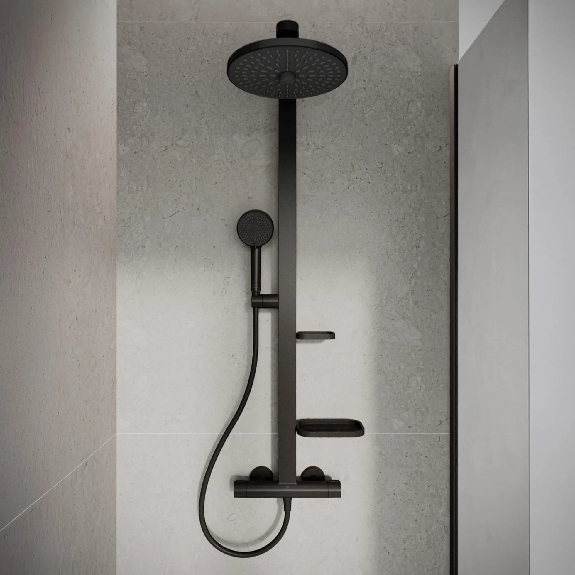 Ideal Standard Ceratherm Alu+ Colonna doccia, Realizzato con l'100% di alluminio riciclato, doccia a risparmio idrico con getti variabili e protezione antiscottatura – Nero Opaco (356x501x1113 mm)