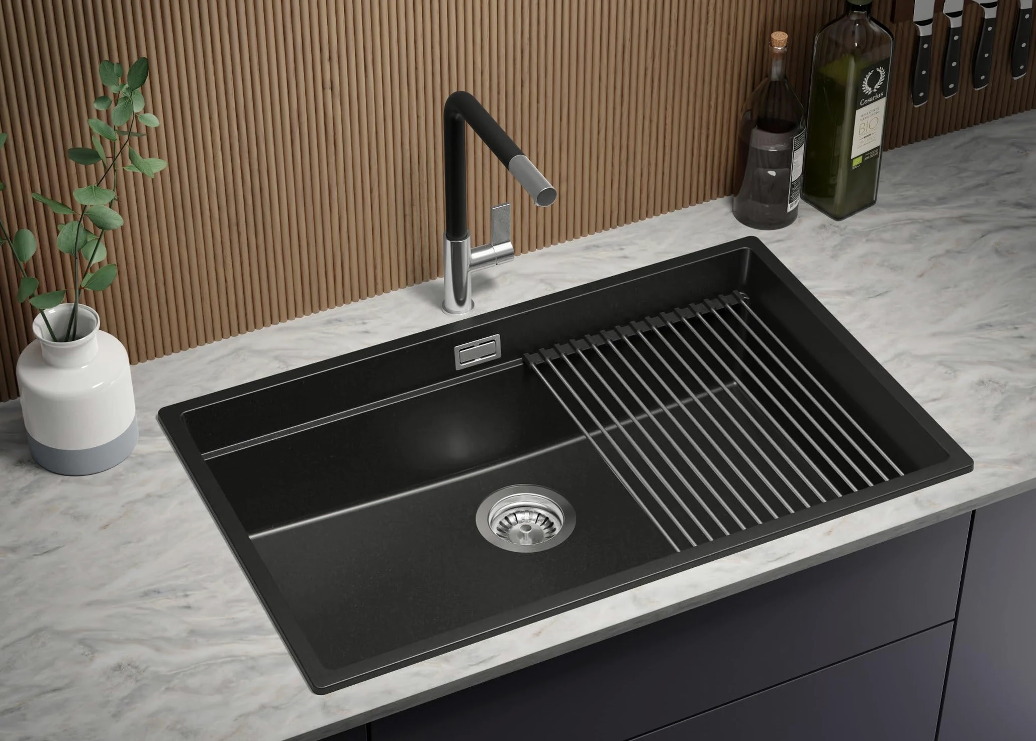 PRIMAGRAN Lavello da Cucina Tutto Nero 76x47cm, Lavandino in Granito a 1 vasca + Set di accessori, Lavabo da Cucina Incasso al Mobile 80cm - Prague Level Slim S547