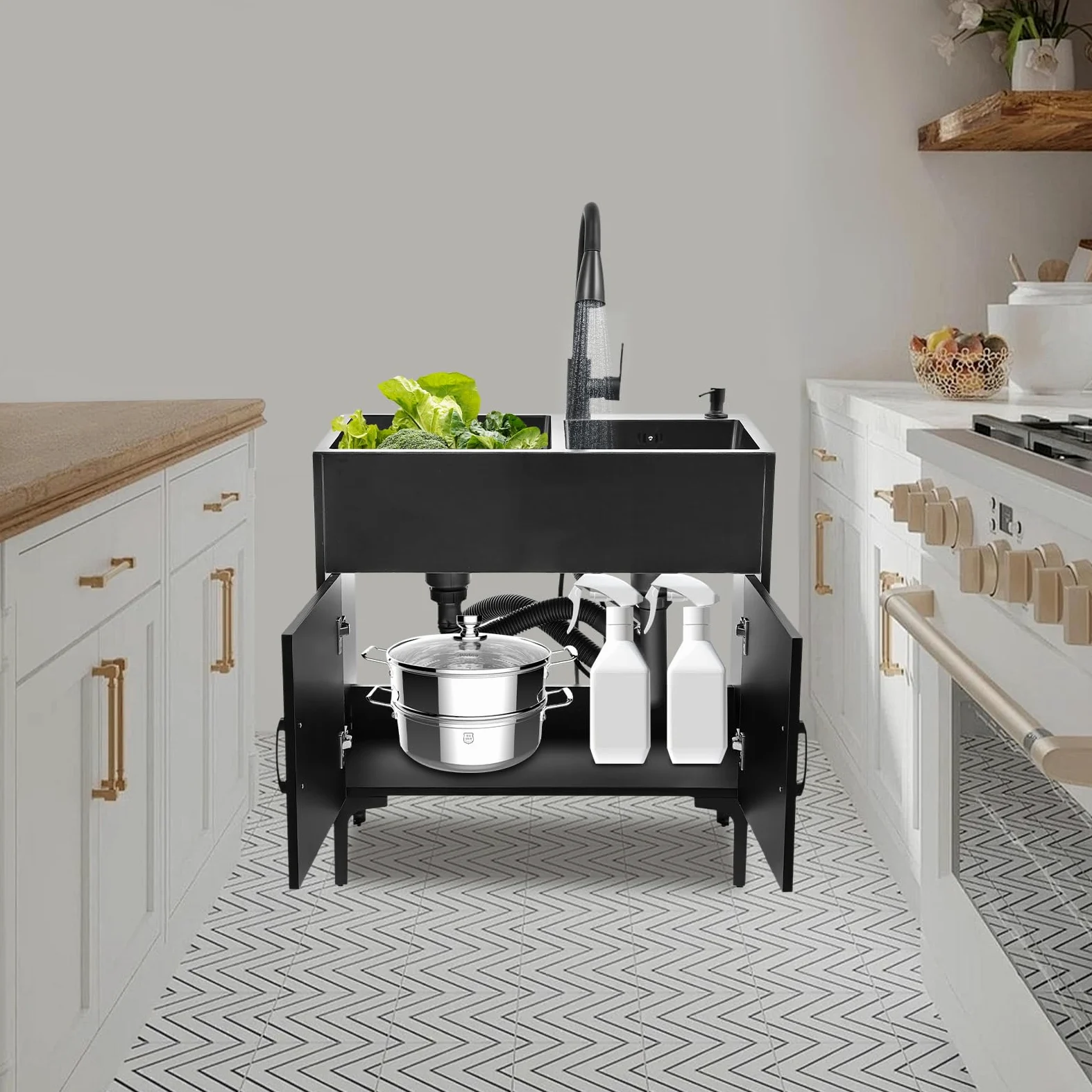 Lavello da cucina autoportante in acciaio inox con 2 vasche da 75 x 41 cm, lavello nero con rubinetto estraibile e mobiletto inferiore, per cucina domestica, giardino, esterni, lavanderia